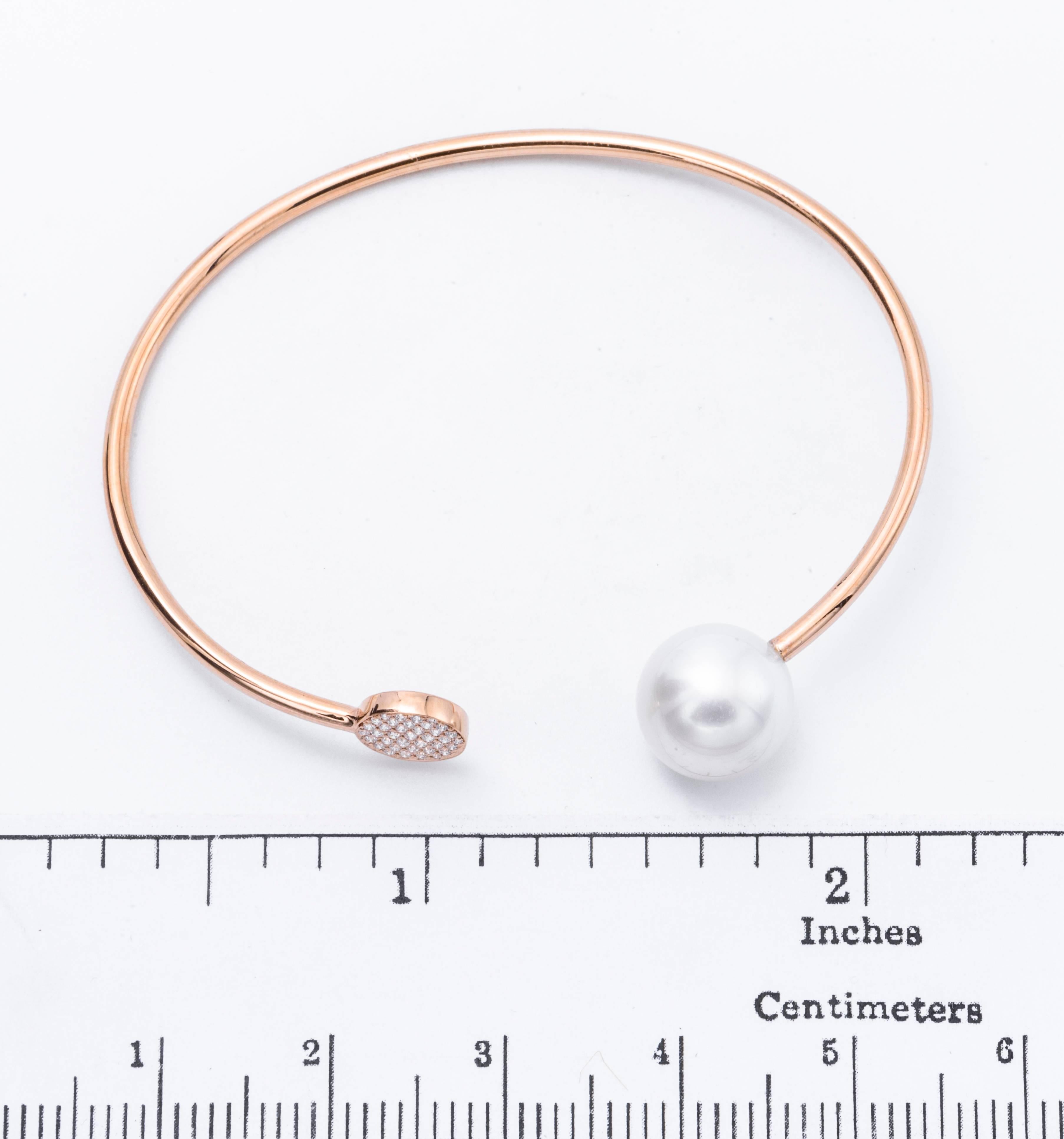 Modern South Sea Pearl and Diamond Rose Gold Bangle For Sale