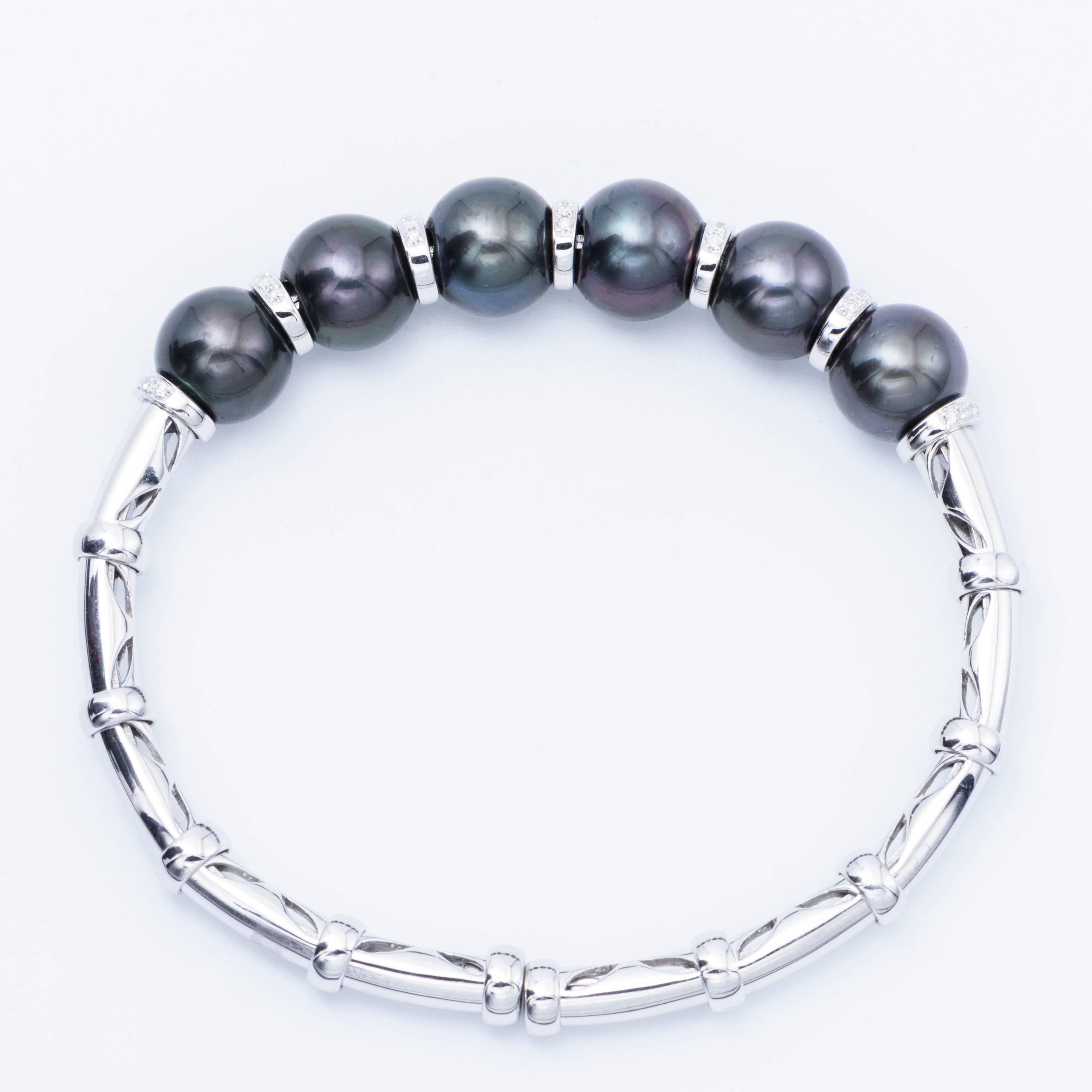 Modern Cultured Tahitian Pearl and Diamond Accent Bangle