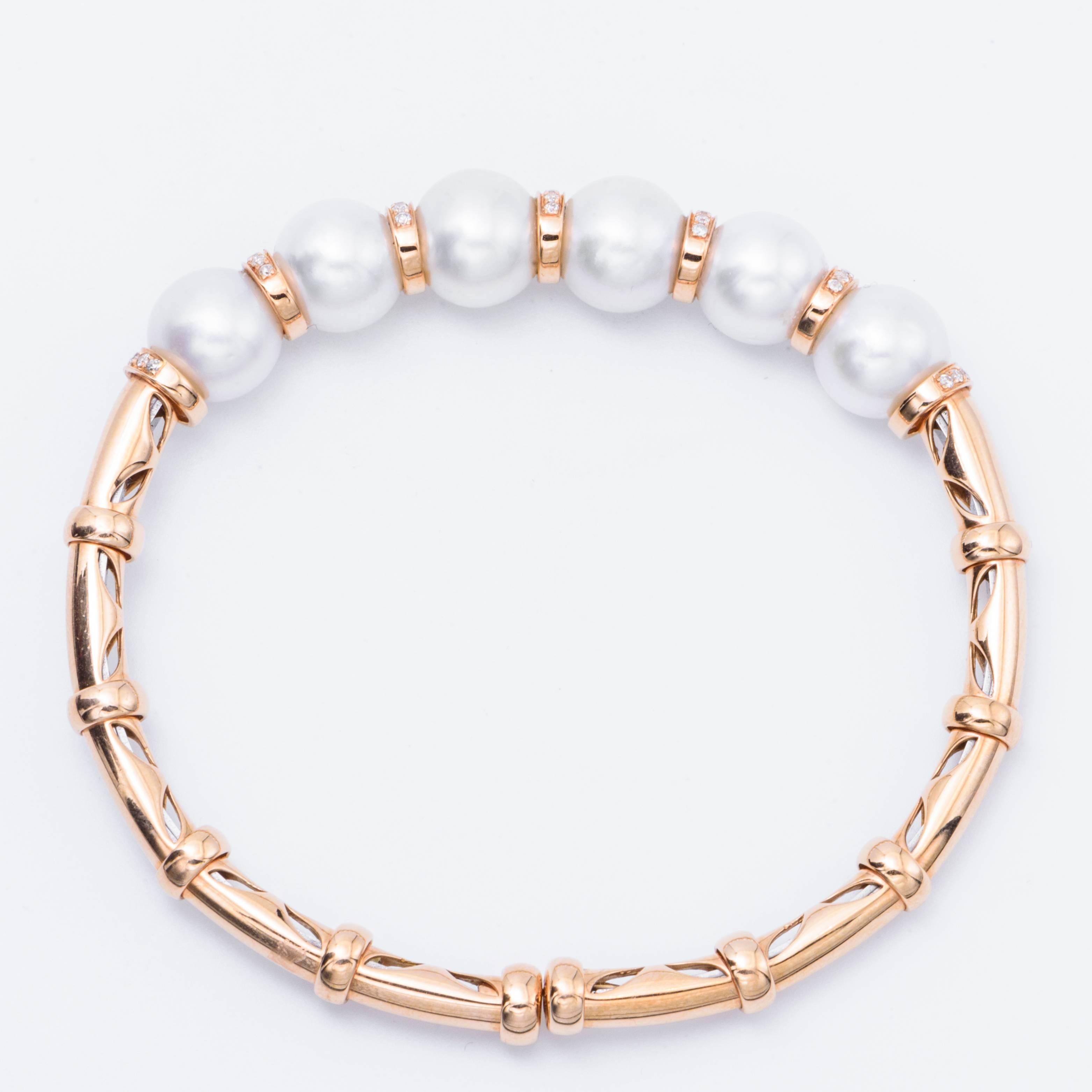 Contemporary South Sea White Pearl and Diamond Accent Rose Gold Bangle