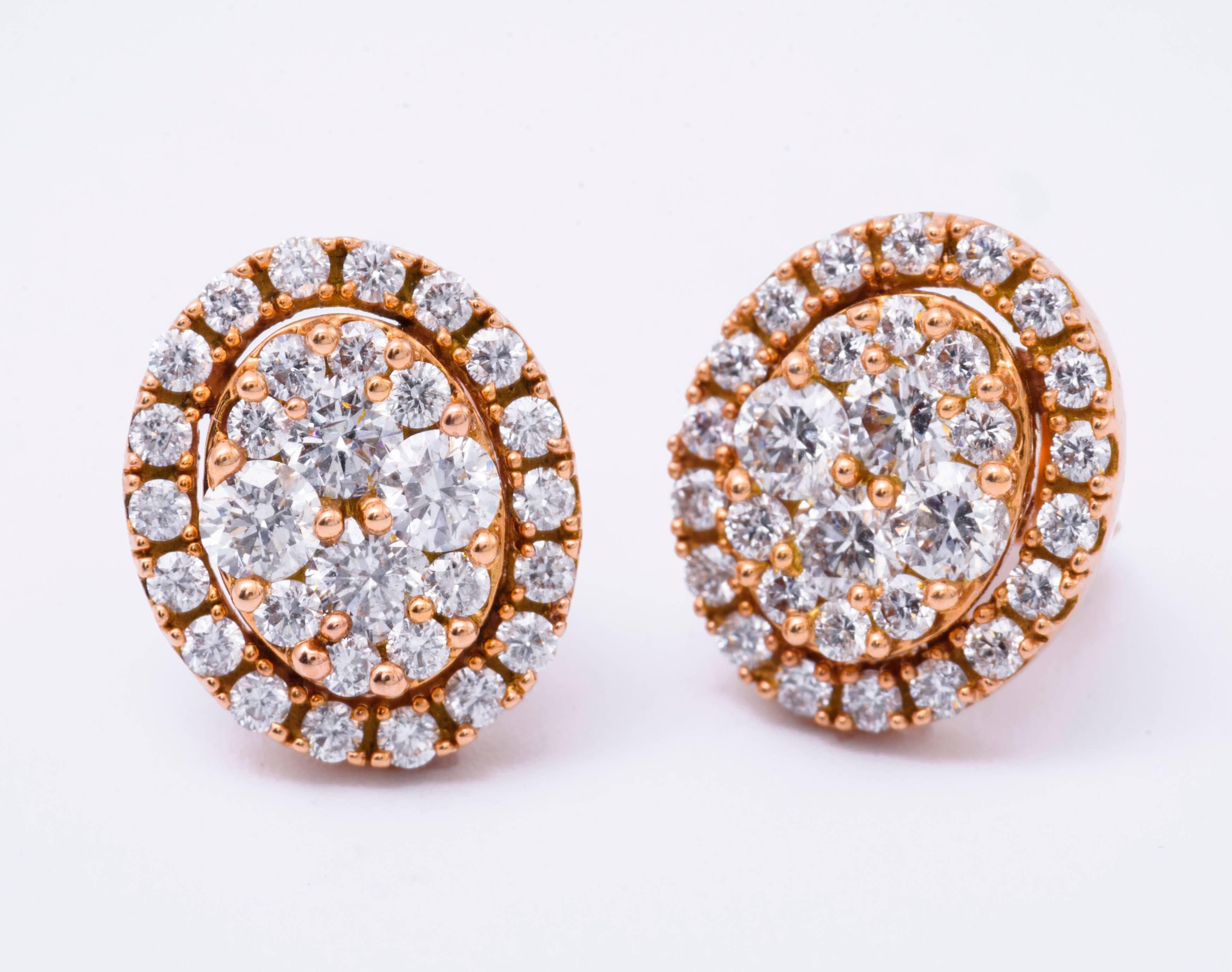 Contemporary Diamond Cluster Rose Gold Studs For Sale