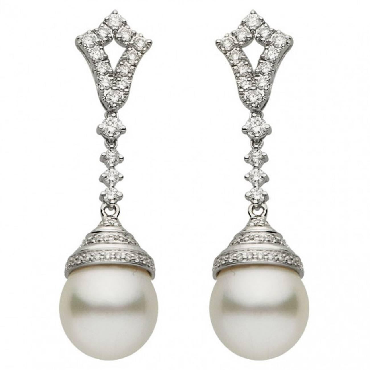 South Sea Pearl Diamond Drop Earrings 0.90 Carats 11-12 MM 18K White Gold 