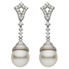 South Sea Pearl Diamond Drop Earrings 0.90 Carats 11-12 MM 18K White Gold 