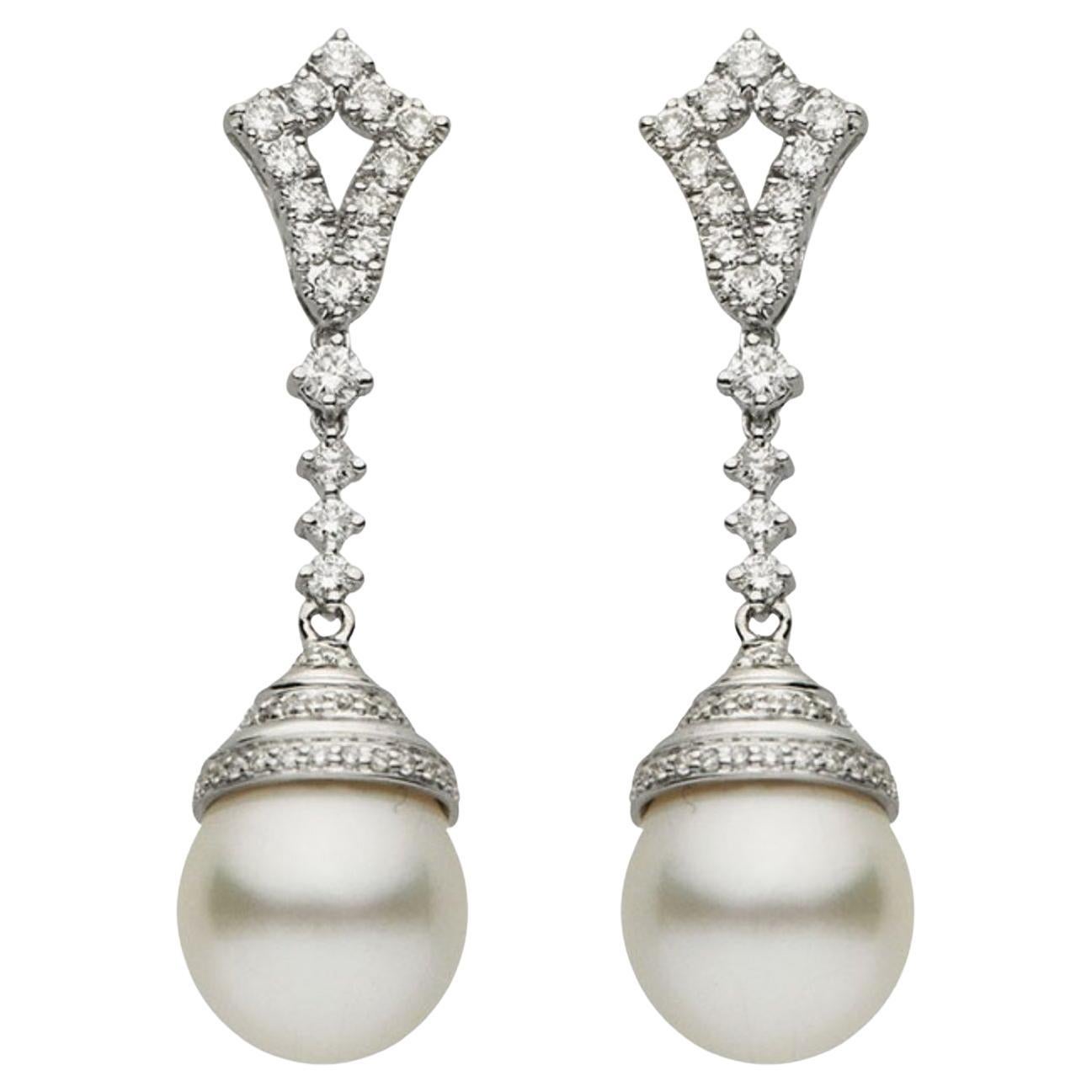South Sea Pearl Diamond Drop Earrings 0.90 Carats 11-12 MM 18 Karat White Gold