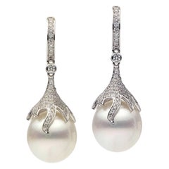 South Sea Pearl Diamond Drop Earrings 0.73 Carats 12-13 MM 18K White Gold 