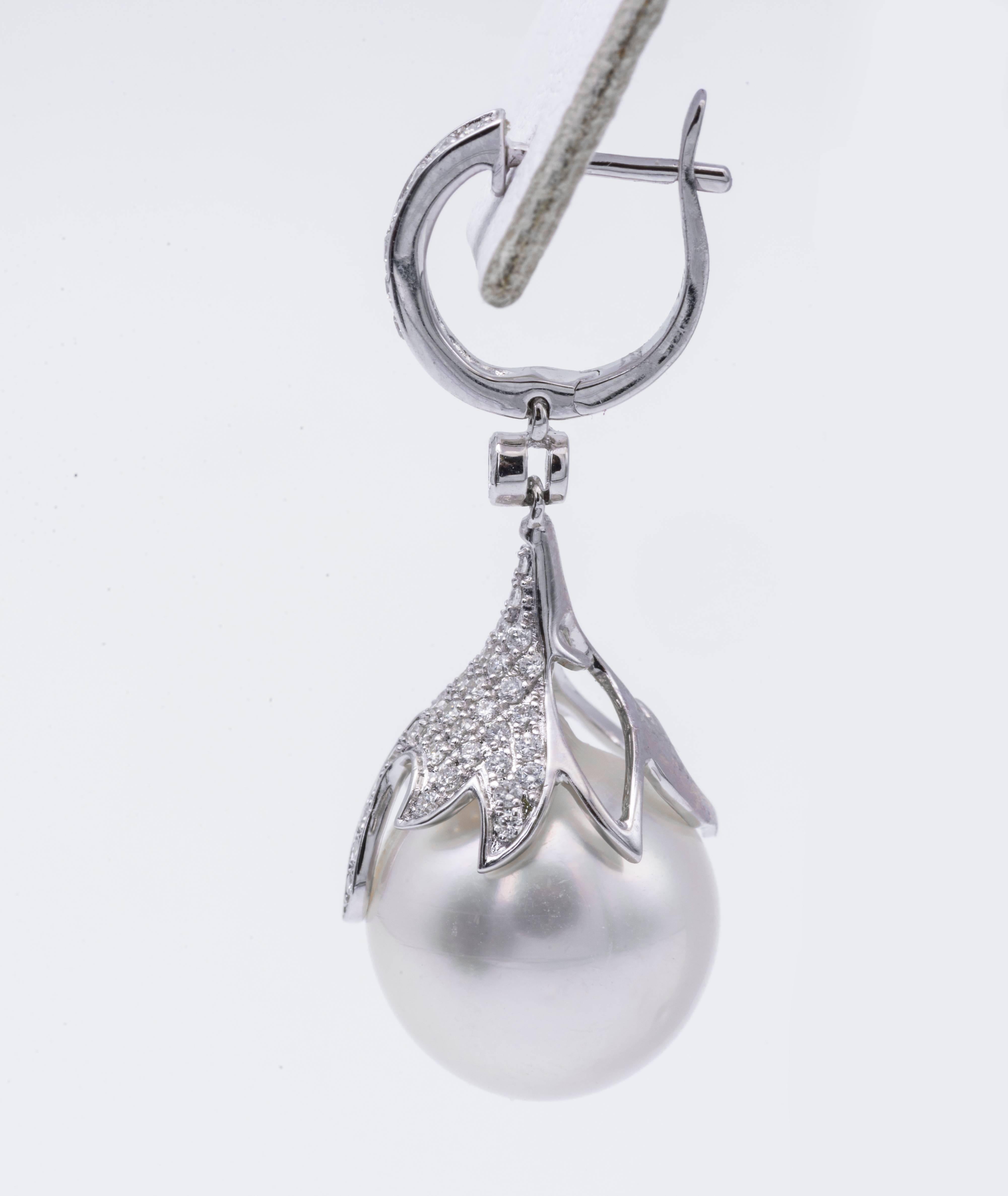Contemporary South Sea Pearl Diamond Drop Earrings 0.73 Carats 12-13 MM 18K White Gold For Sale