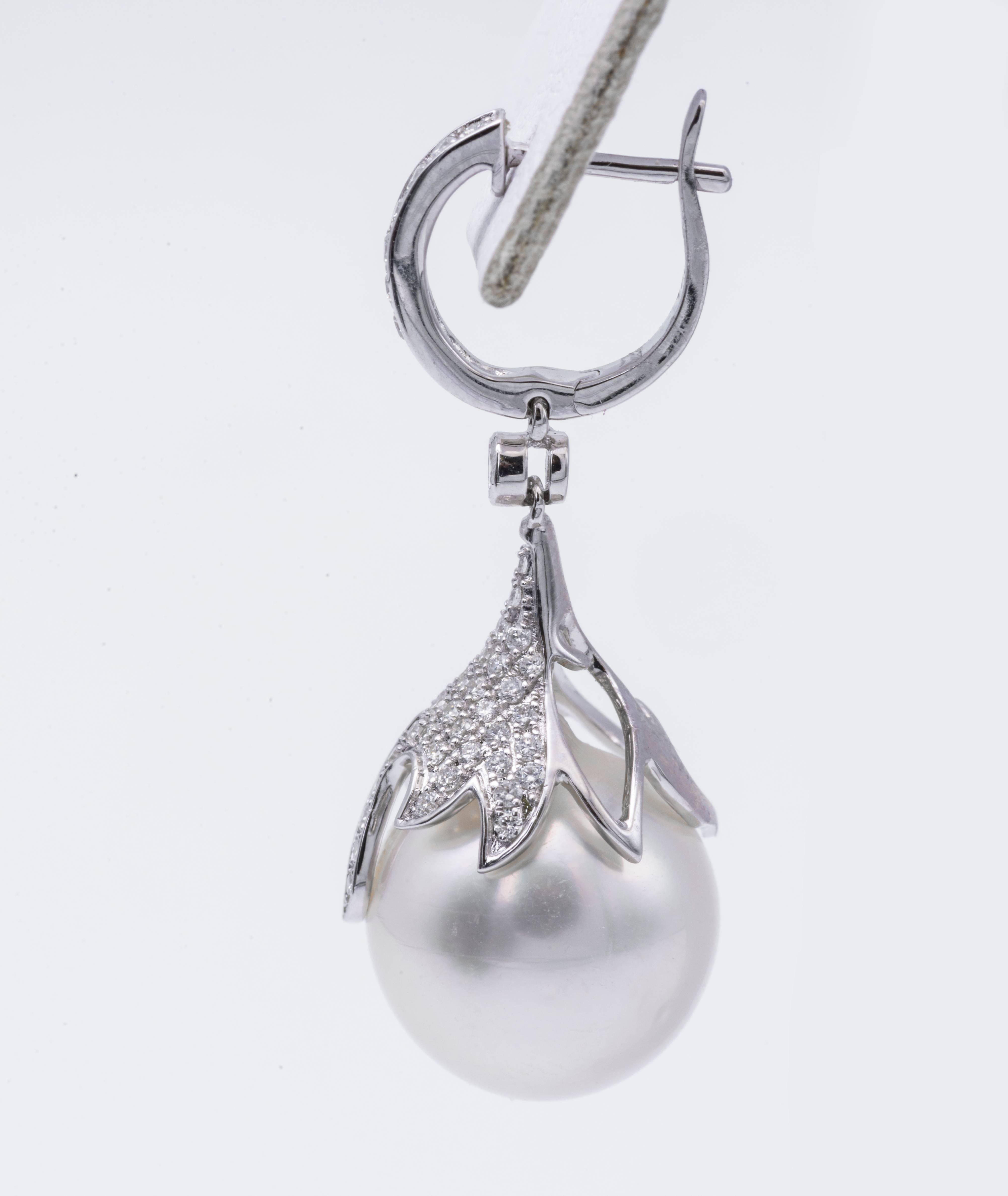 Contemporary South Sea Pearl Diamond Drop Earrings 0.73 Carats 12-13 MM 18K White Gold  For Sale