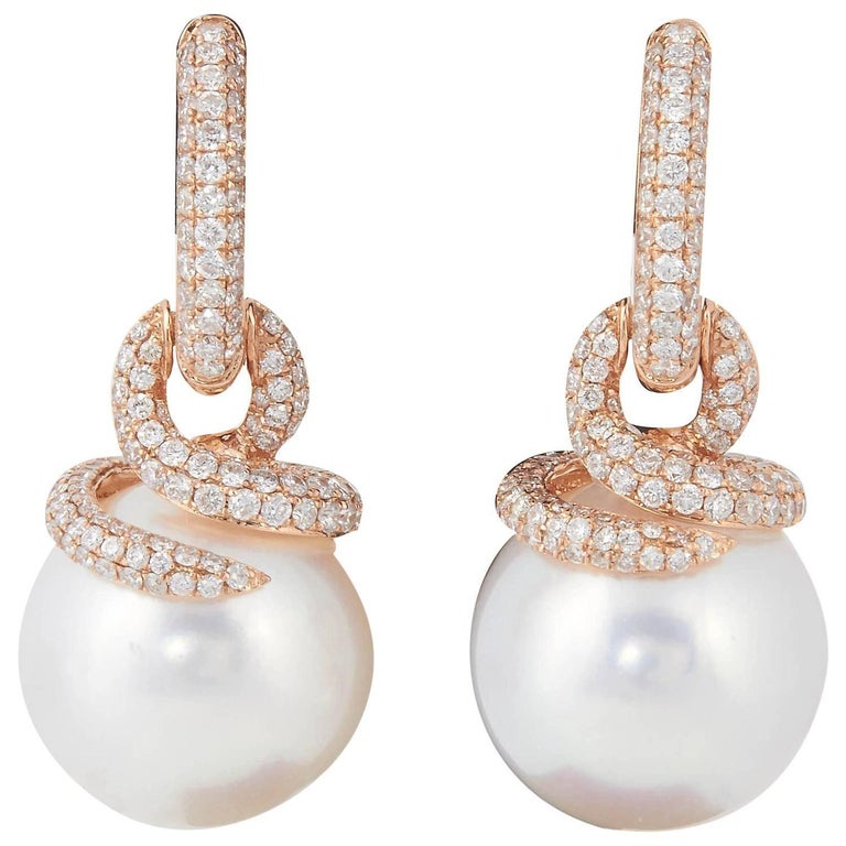South Sea Pearl Diamond Rose Gold Drop Dangle Earrings at 1stDibs
