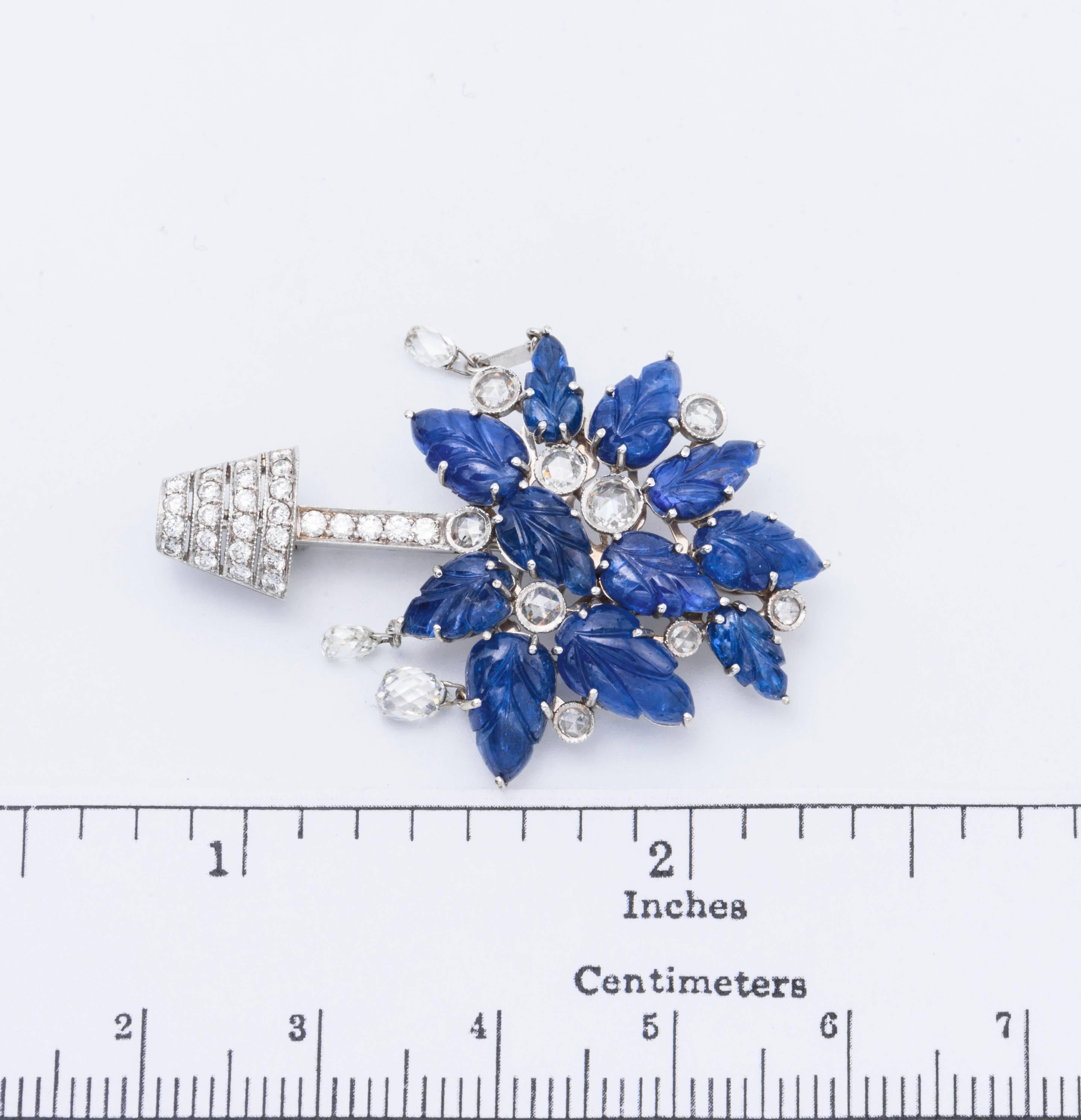 Women's or Men's Briolette Sapphire Diamond Plant Pin