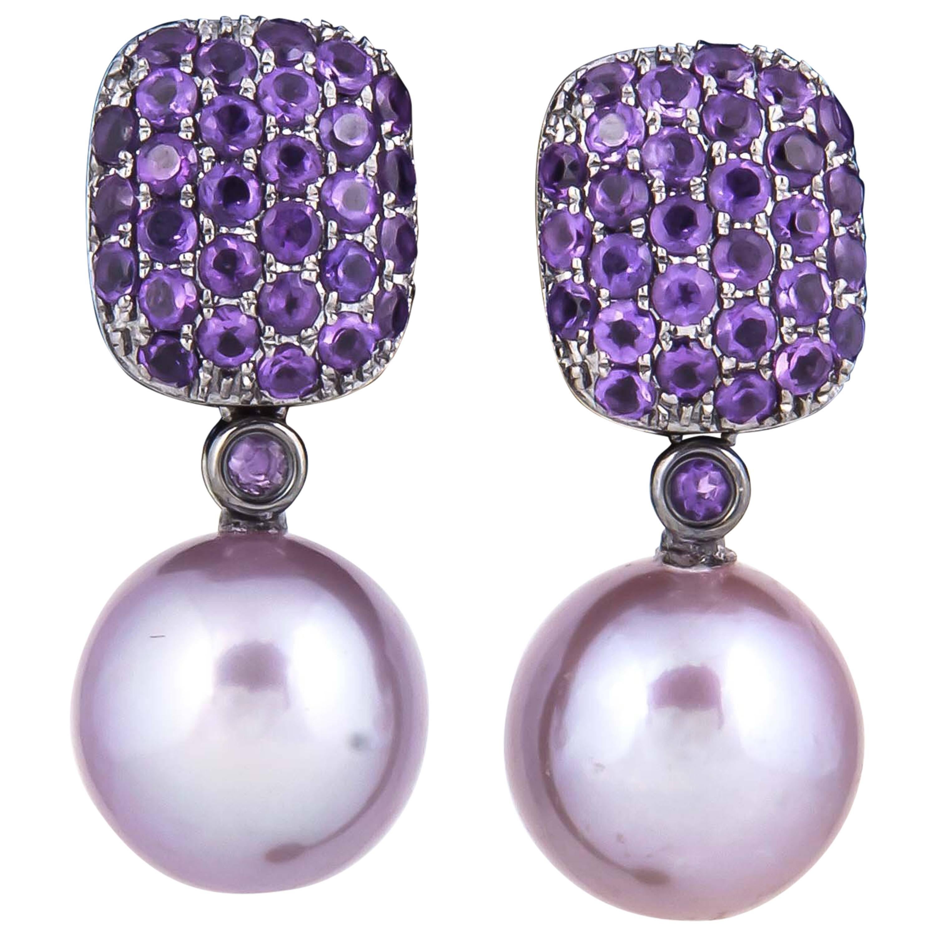 Pink Freshwater Pearl Amethyst Diamond Earrings