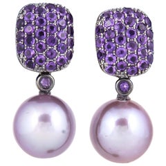 Pink Freshwater Pearl Amethyst Diamond Earrings