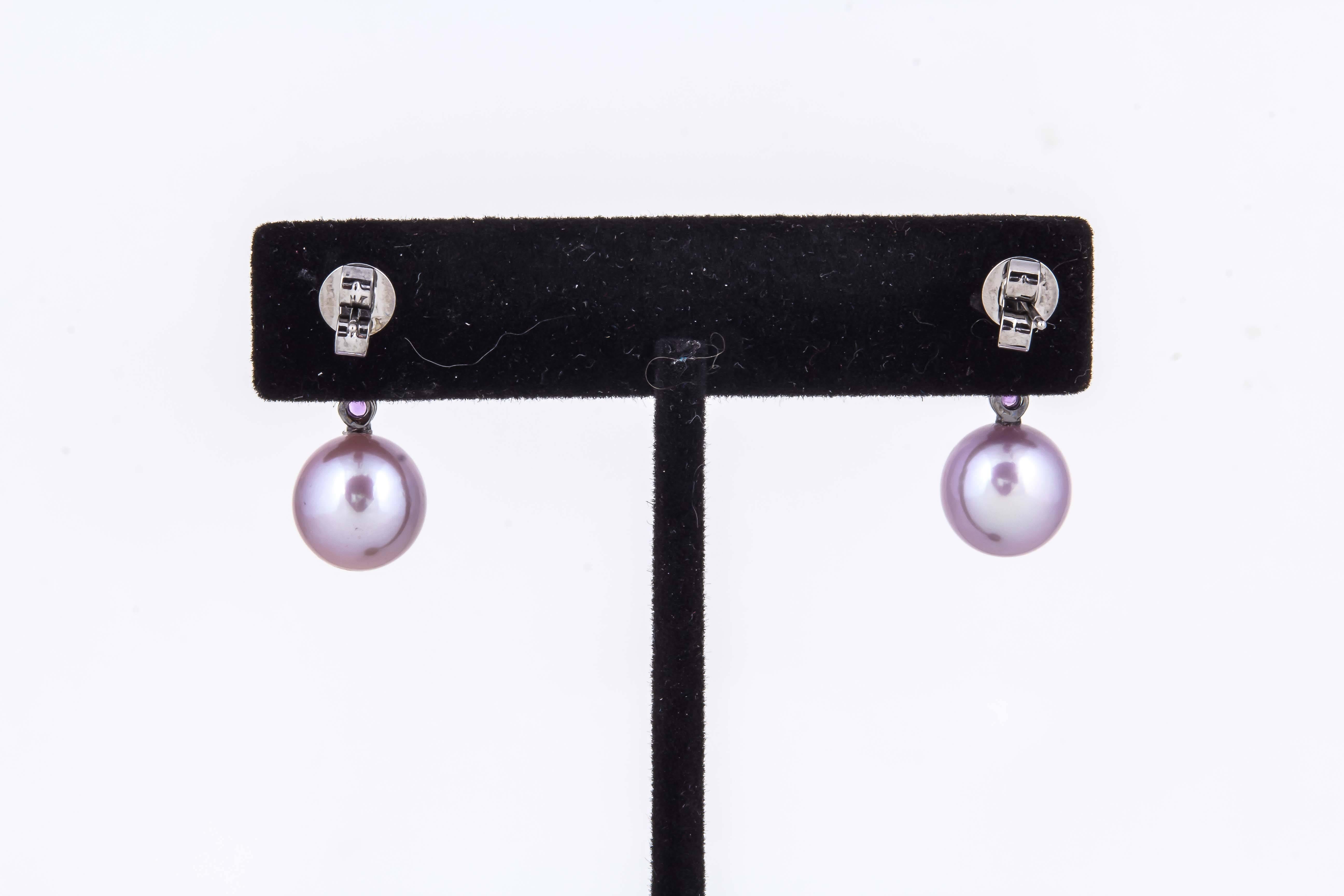 Pink Freshwater Pearl Amethyst Diamond Earrings In New Condition In New York, NY