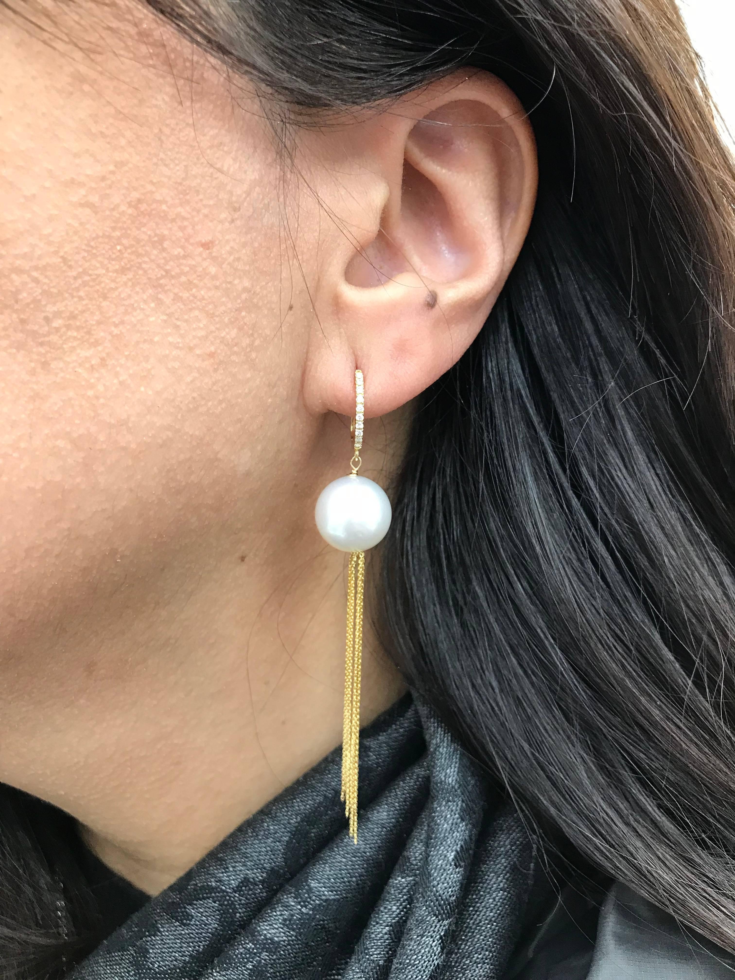 Modern South Sea Pearl Diamond Hoop Dangle Yellow Gold Earring For Sale