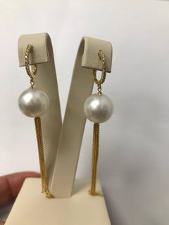 South Sea Pearl Diamond Hoop Dangle Yellow Gold Earring