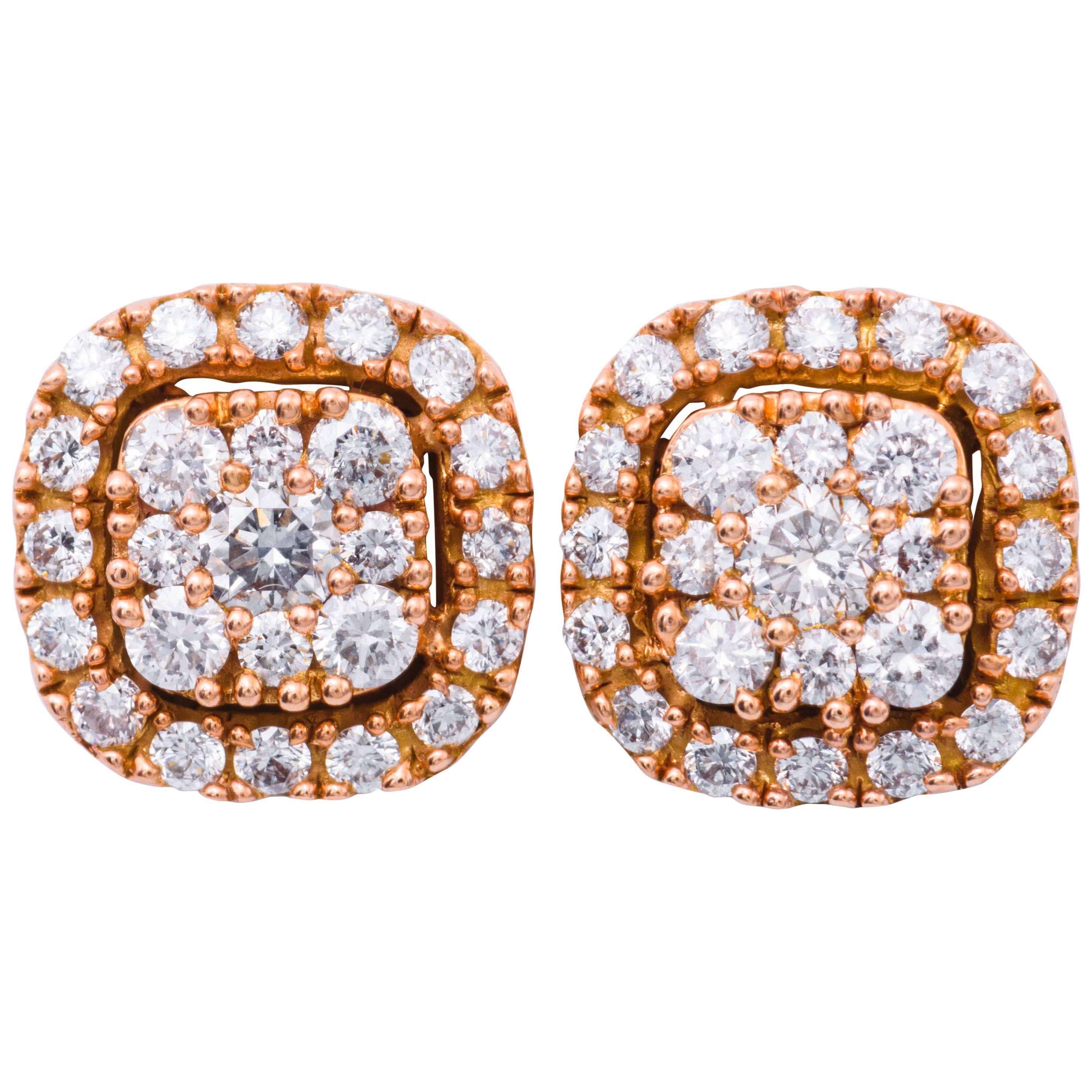 0.75 Carat Diamonds Rose Gold Cluster Stud Earrings For Sale