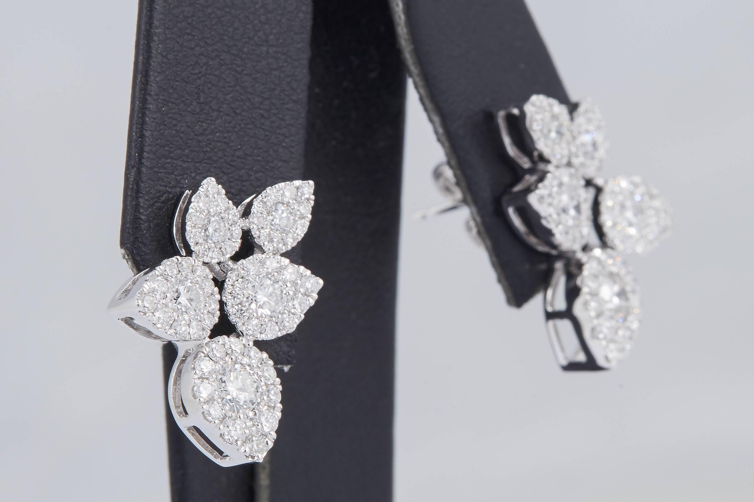 Contemporary Flower Leaves Diamonds Cluster Studs Earrings For Sale