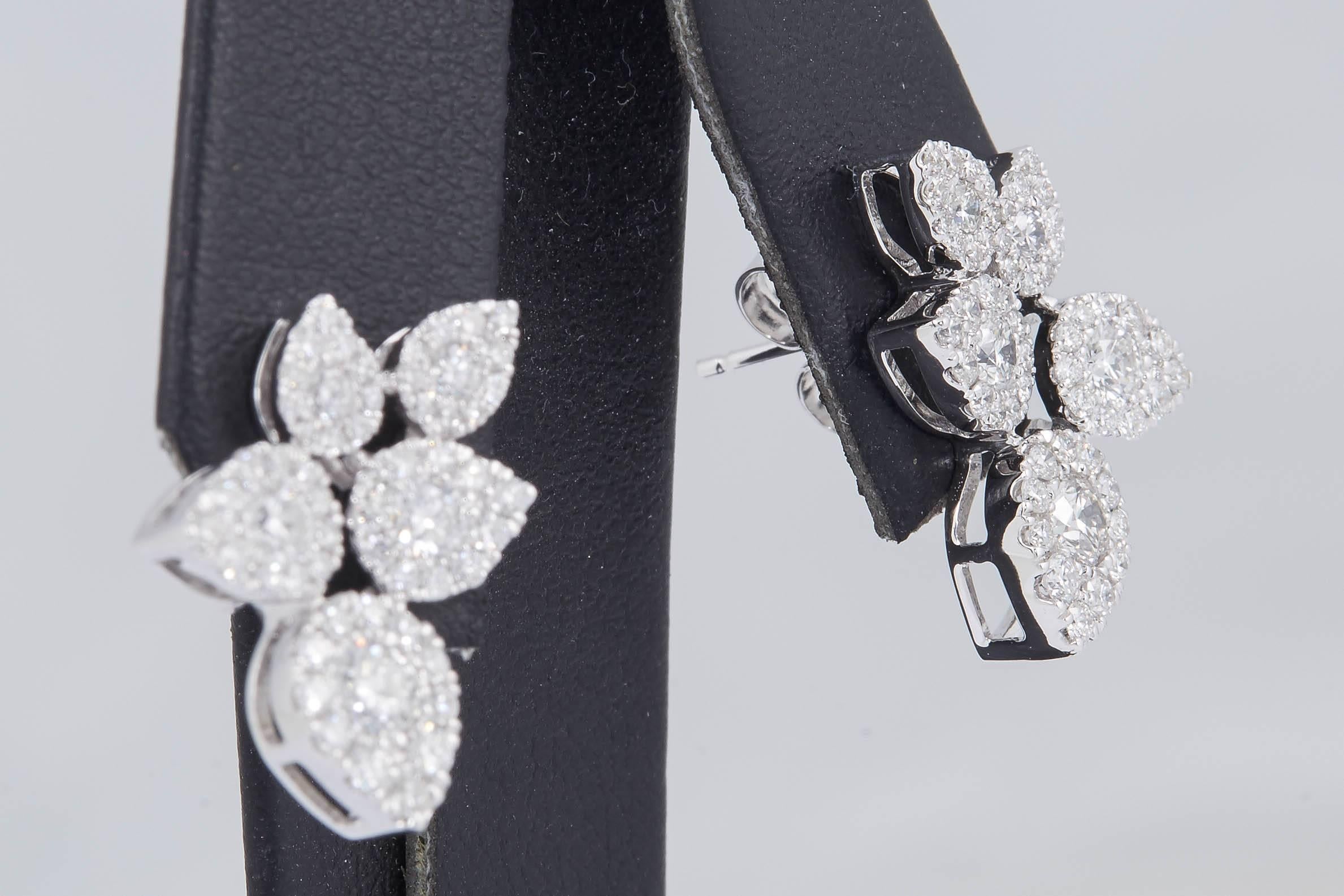 Round Cut Flower Leaves Diamonds Cluster Studs Earrings For Sale