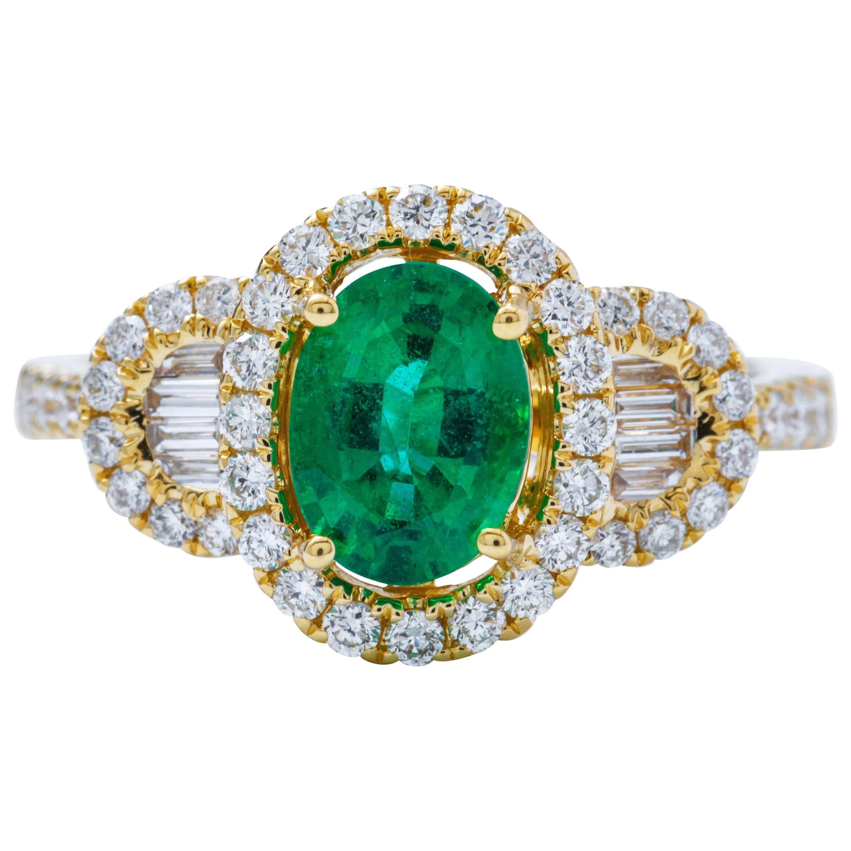 Oval Shape Emerald Diamond Yellow Gold Halo Cocktail Engagement Ring