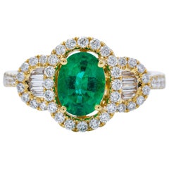 Oval Shape Emerald Diamond Yellow Gold Halo Cocktail Engagement Ring