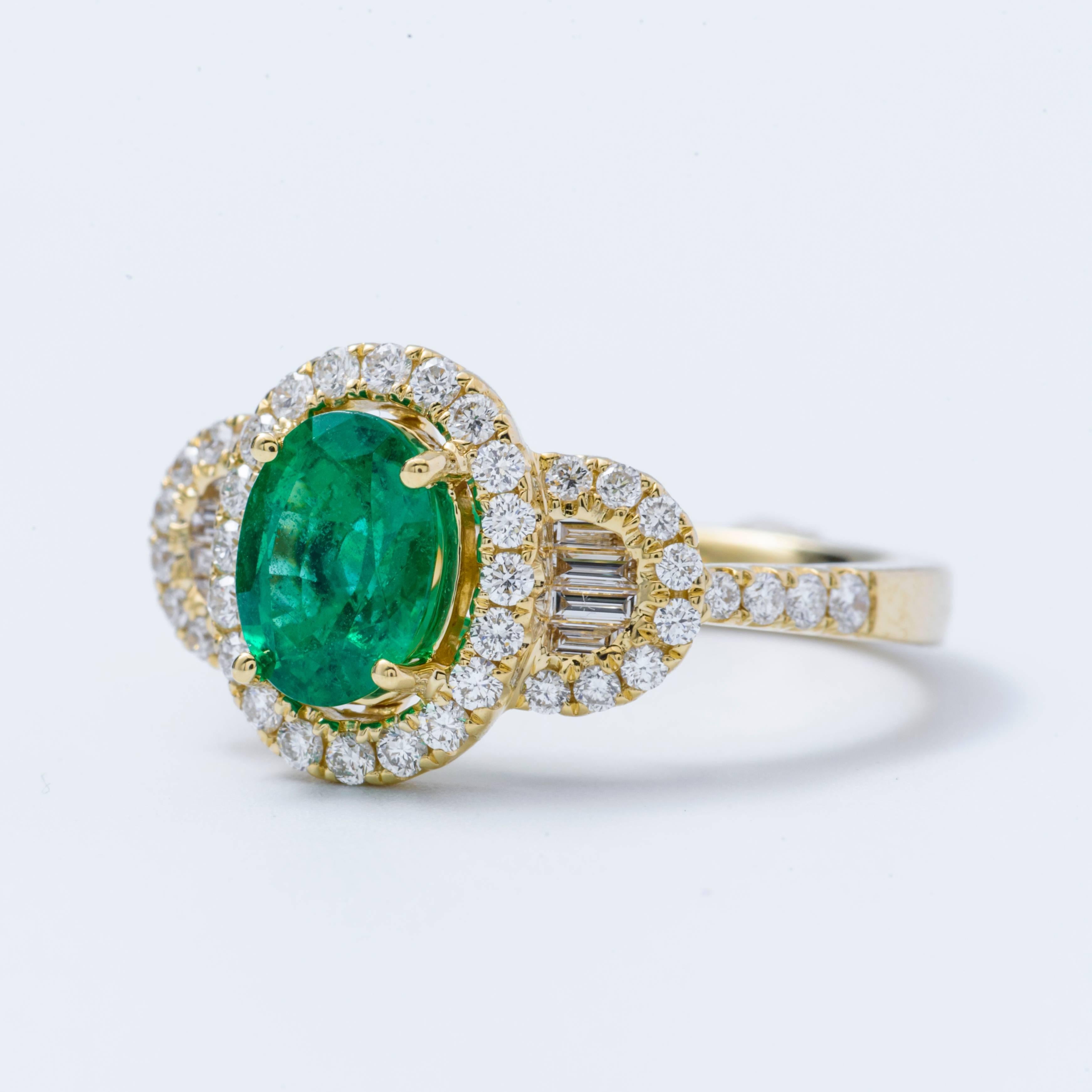 Oval Shape Emerald Diamond Yellow Gold Halo Cocktail Engagement Ring In New Condition In New York, NY