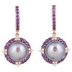 Amethyst and Fresh Water Pearl Dangle Diamond Earrings with Rose Gold