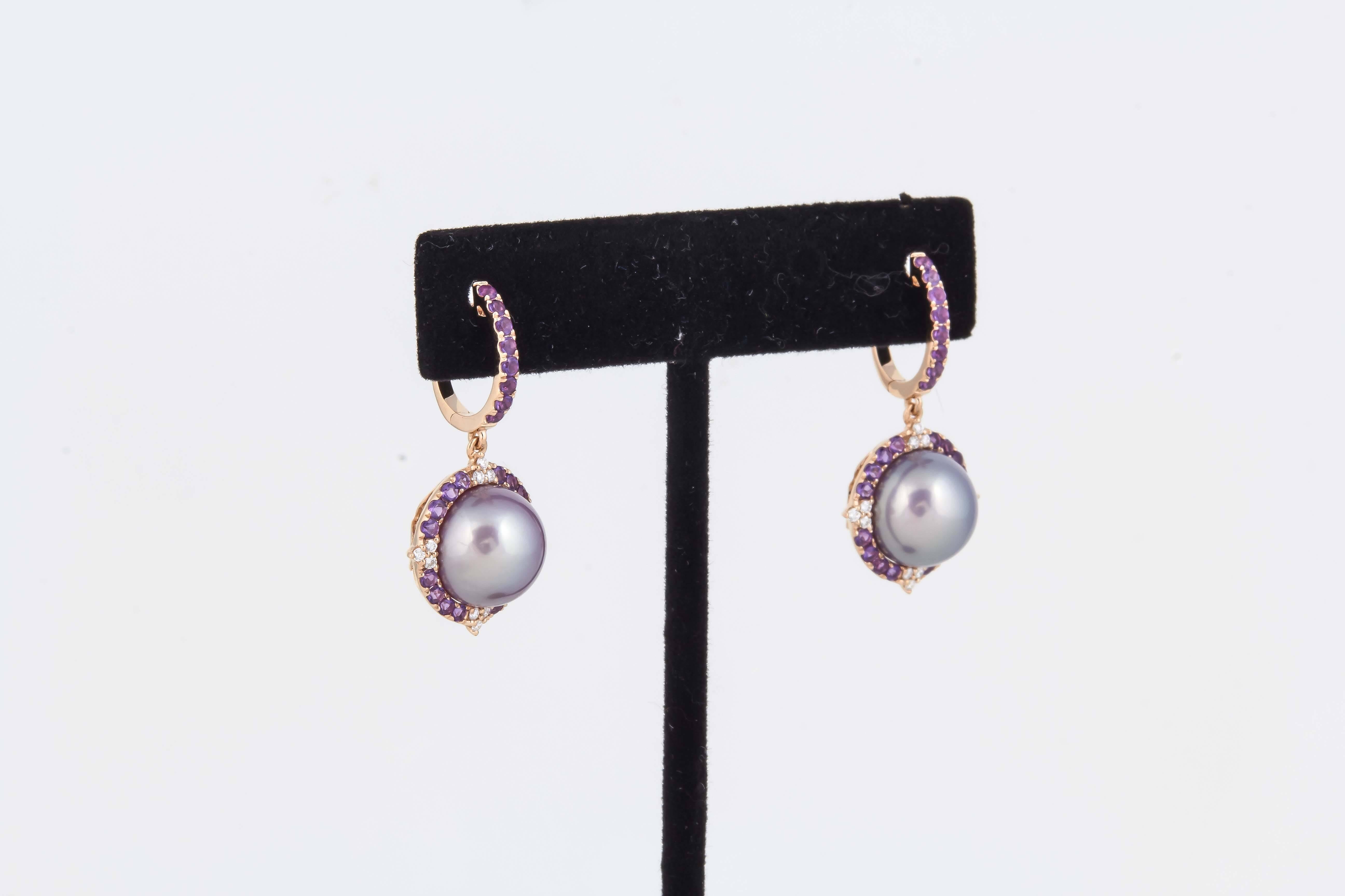Contemporary Amethyst and Fresh Water Pearl Dangle Diamond Earrings with Rose Gold For Sale