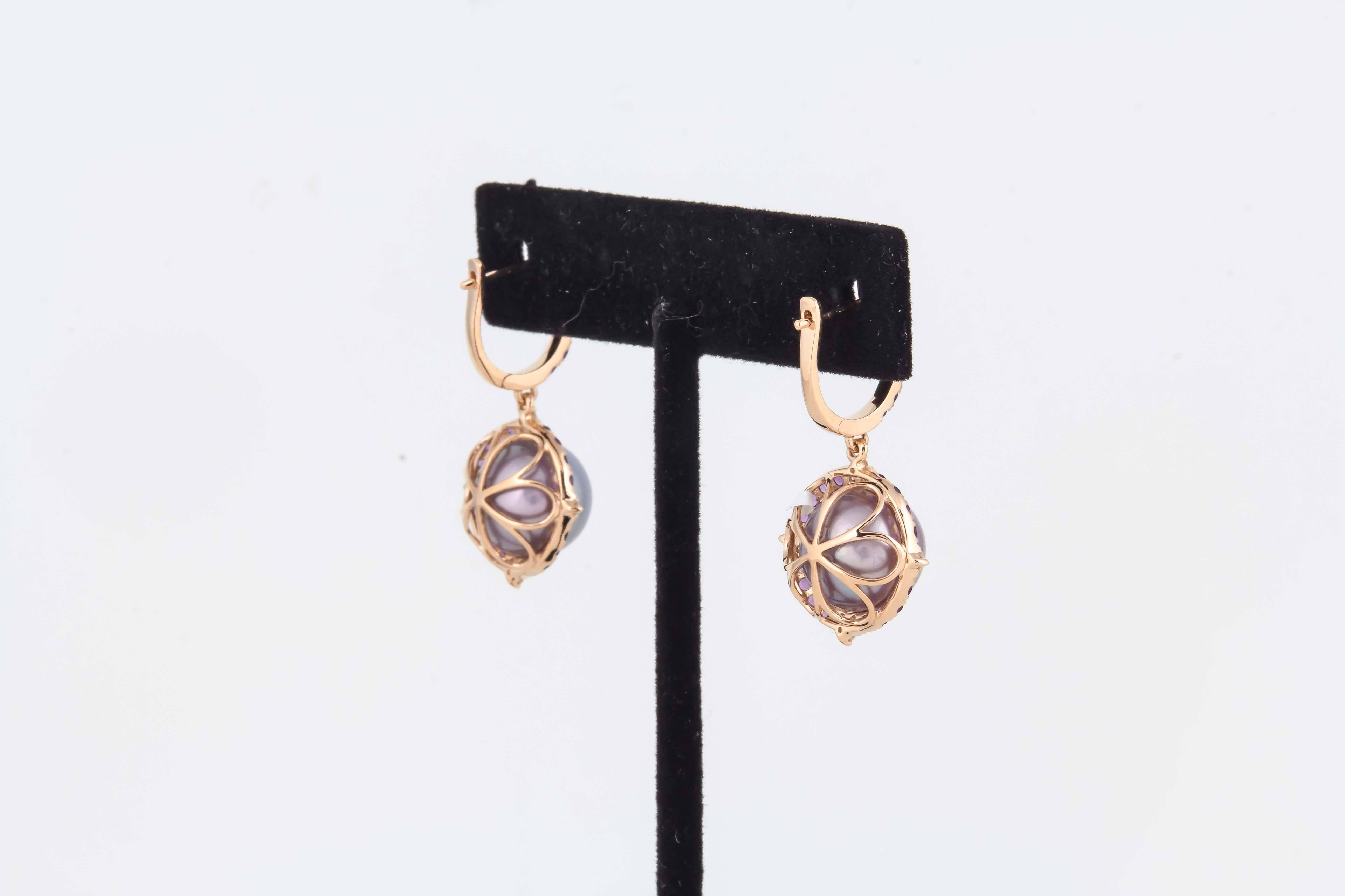 Amethyst and Fresh Water Pearl Dangle Diamond Earrings with Rose Gold In New Condition For Sale In New York, NY
