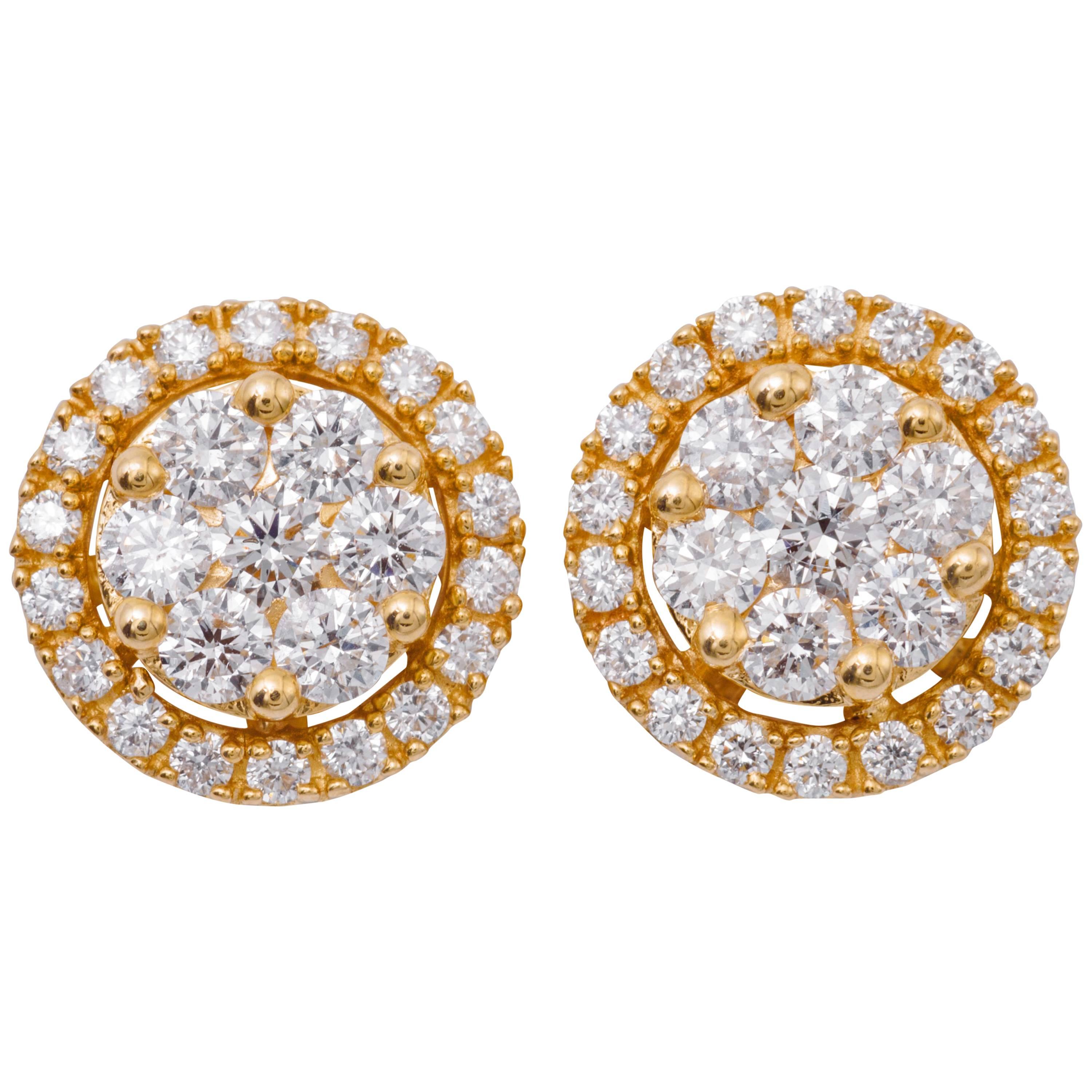 Diamond Yellow Gold Cluster Earrings at 1stDibs