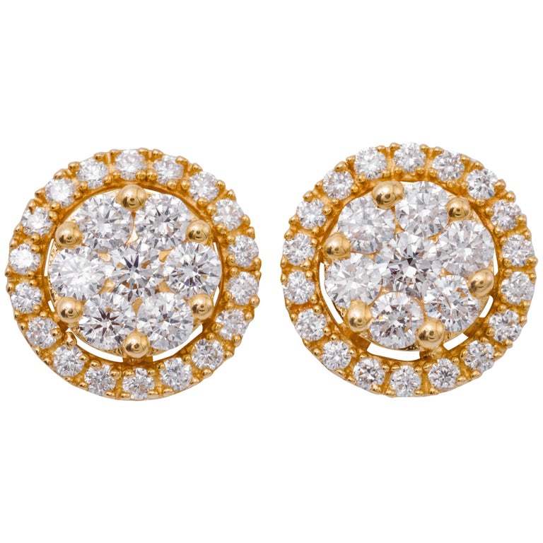 Diamond Yellow Gold Cluster Earrings For Sale at 1stdibs