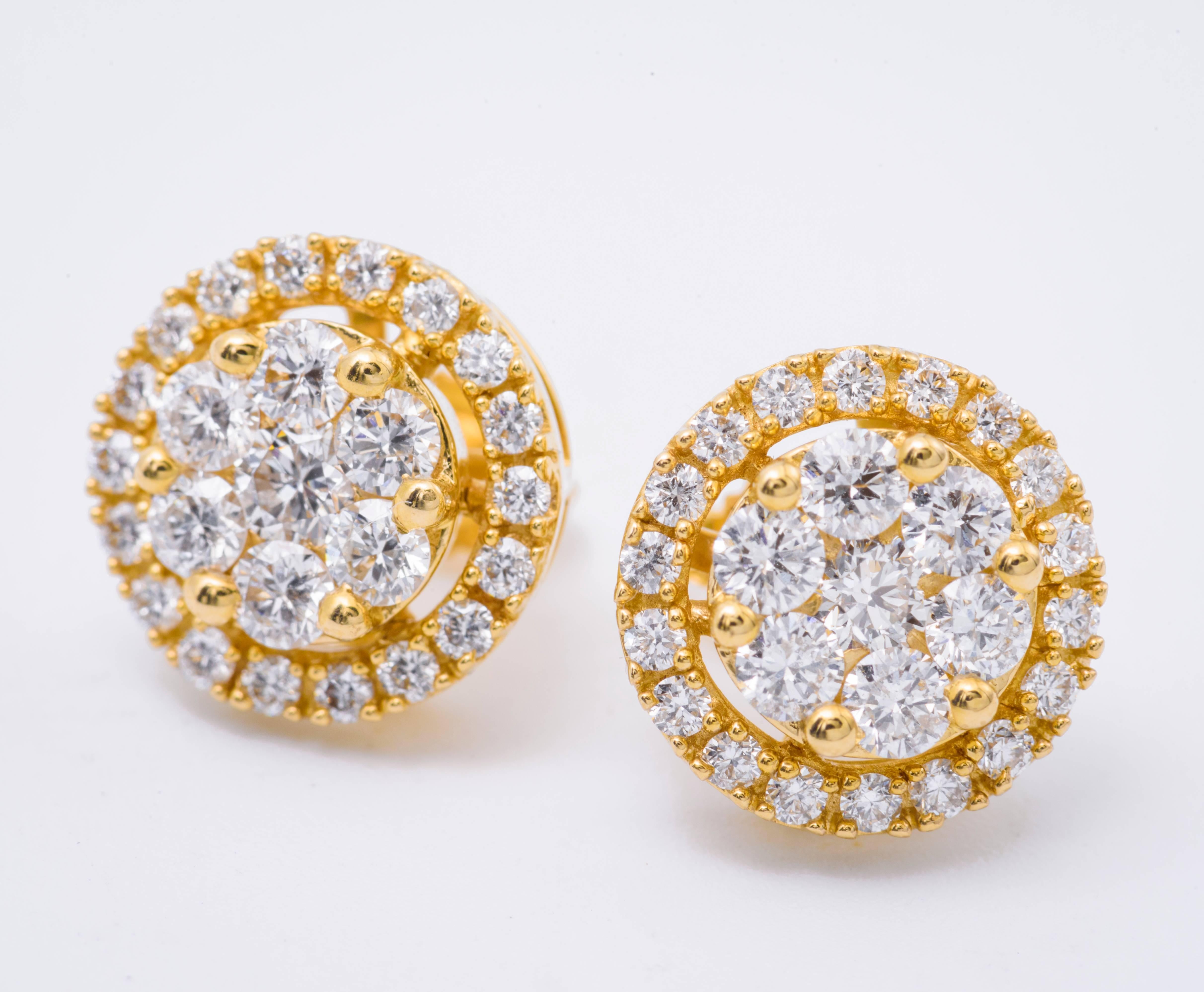 Contemporary Diamond Yellow Gold Cluster Earrings