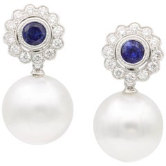 South Sea Pearl and Sapphire Diamond Drop Earring