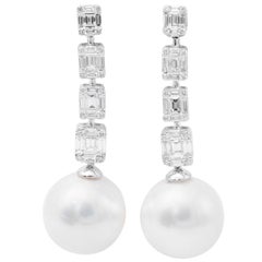 Diamond South Sea Pearl Drop Earrings 1.58 Carats 18K White Gold