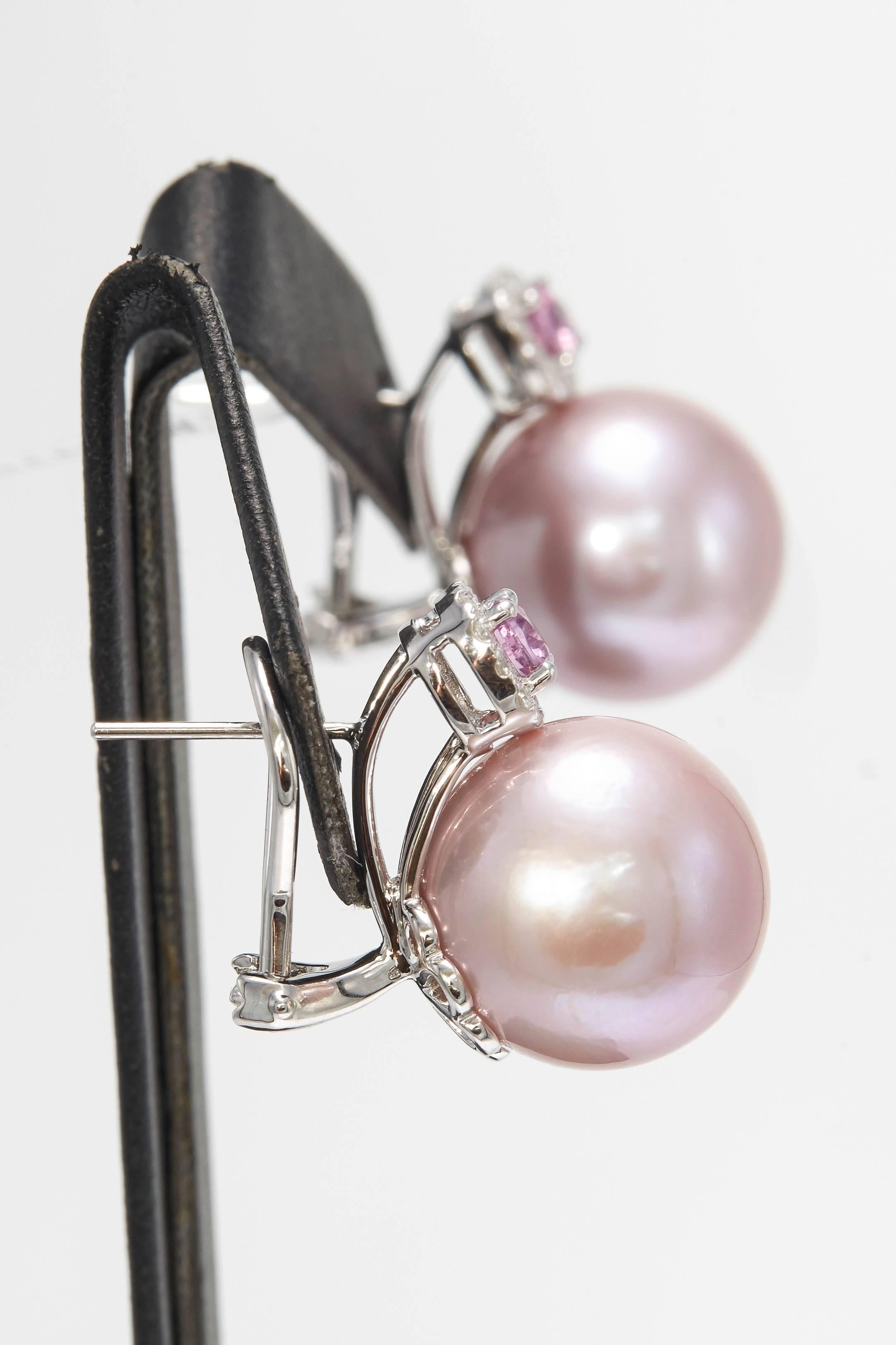 Round Cut Pink Freshwater Pearl with Pink Sapphire and Diamonds Drop Earrings