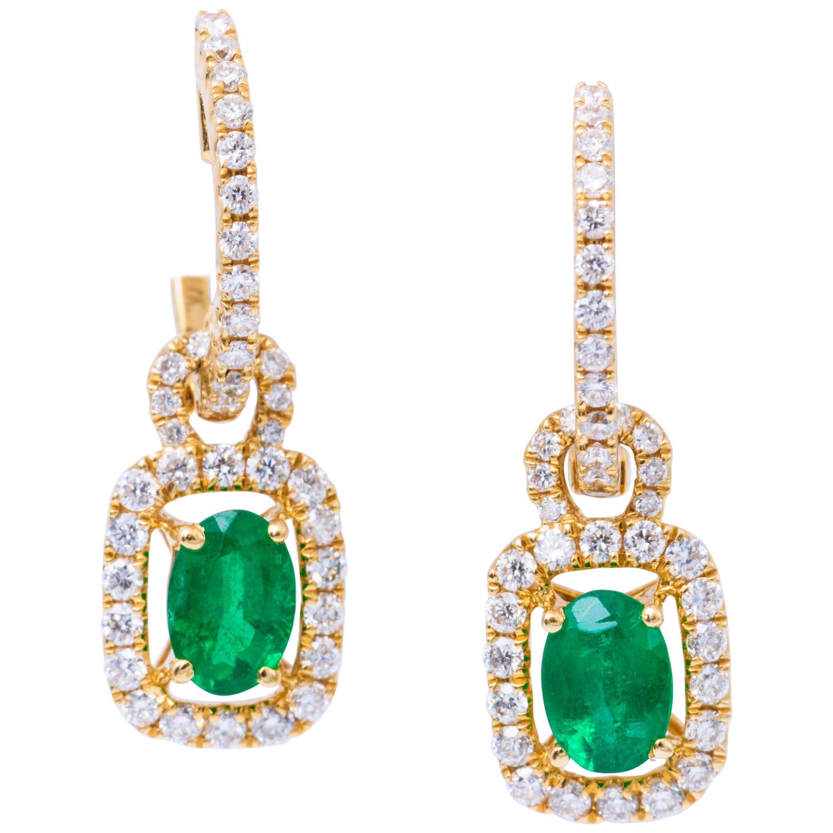Oval Emerald and Diamonds Drop Yellow Gold Earrings