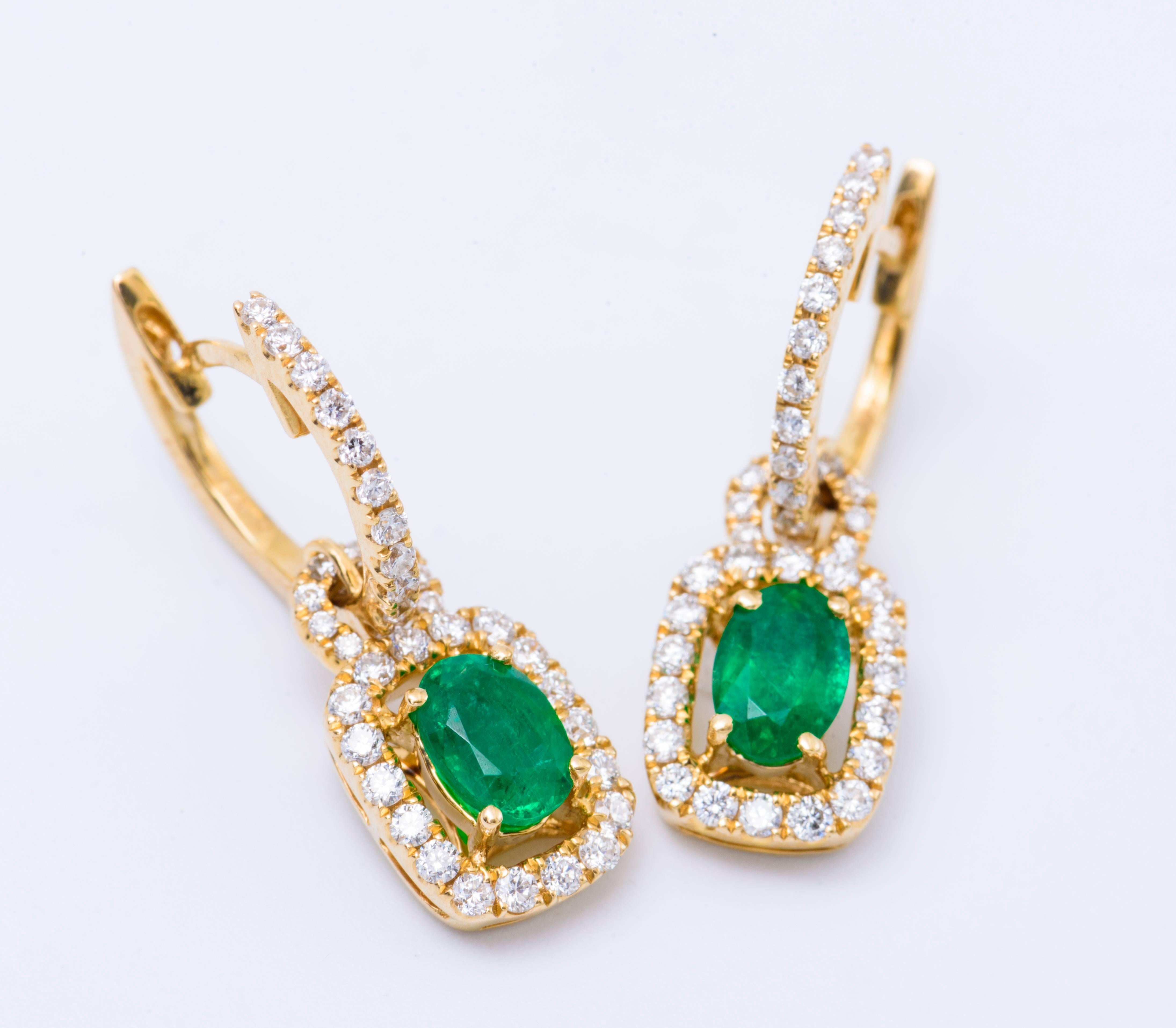 Oval Cut Oval Emerald and Diamonds Drop Yellow Gold Earrings