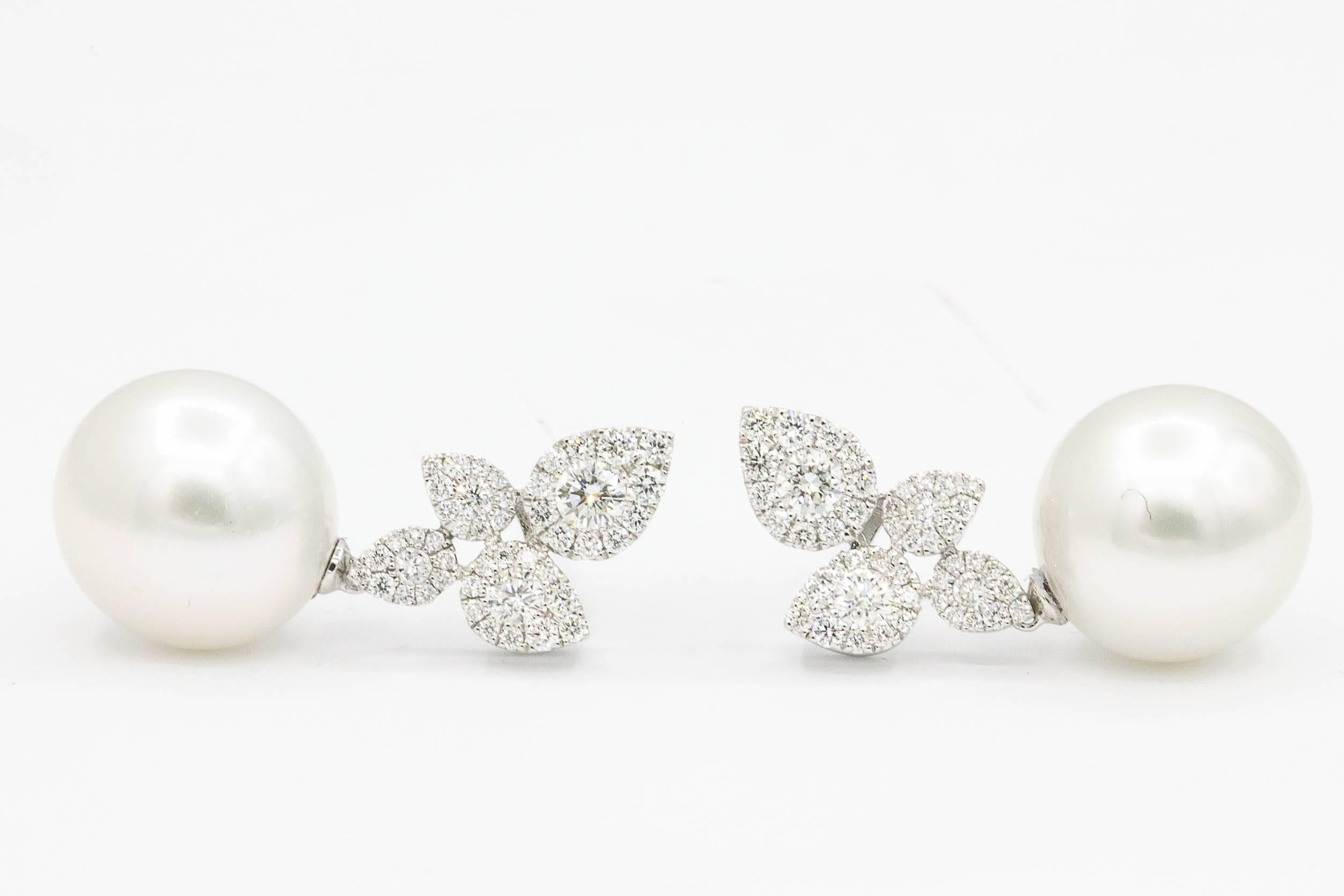 South Sea Pearl Diamond Cluster Leaf Earrings 1.05 CTS 18K In New Condition In New York, NY