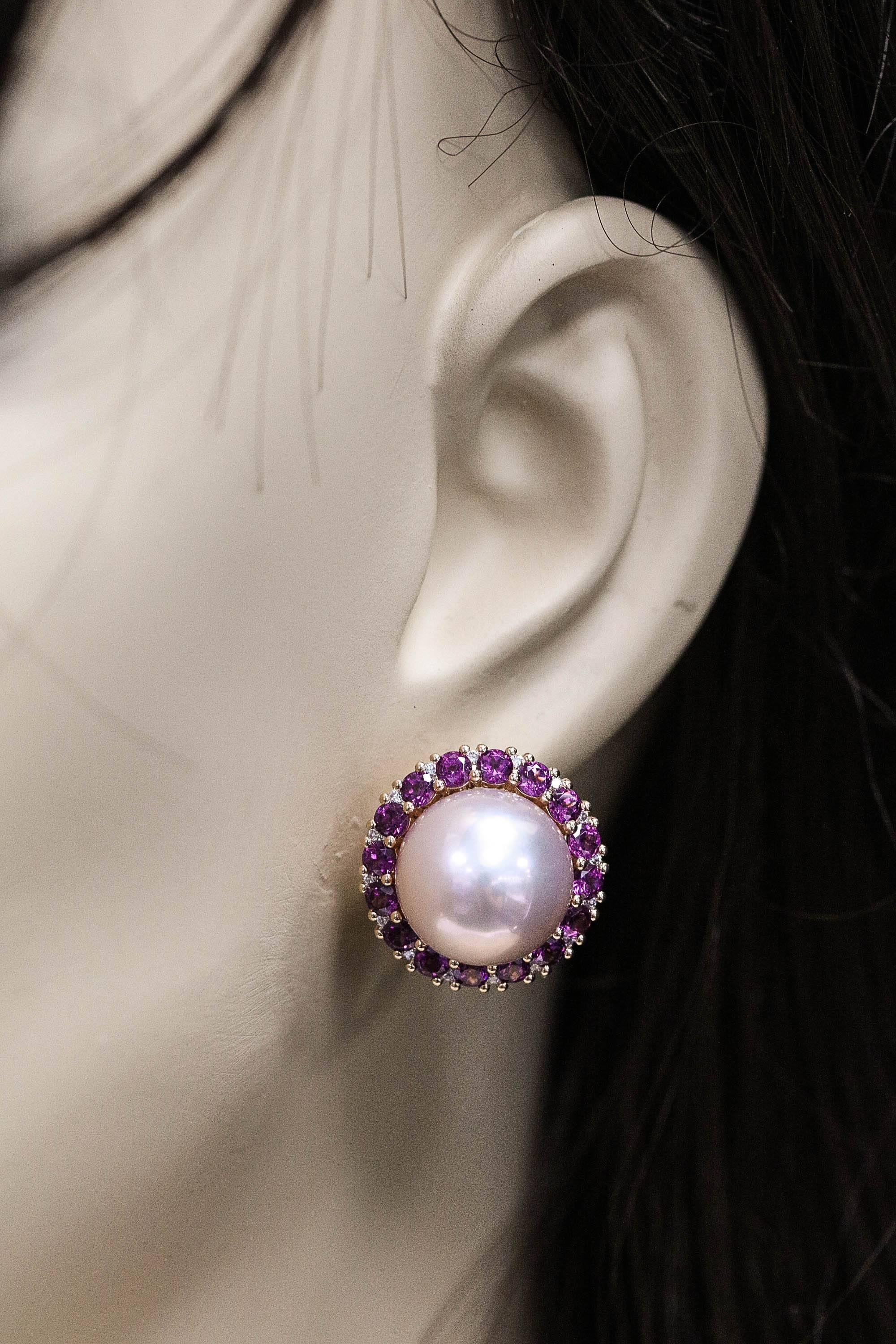 Contemporary Rhodolite and Cultured Pearl Stud Earrings 3.82 Carats 18K