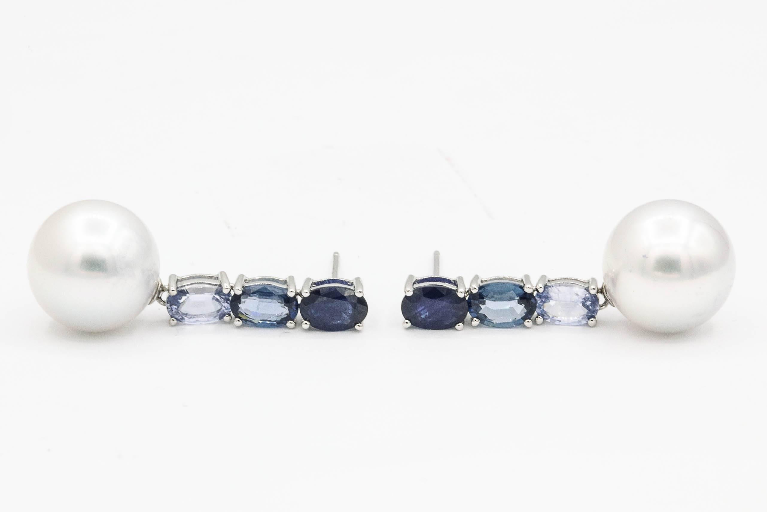 Oval Cut Ovals Sapphires and South Sea Pearls Dangle Drop Earrings