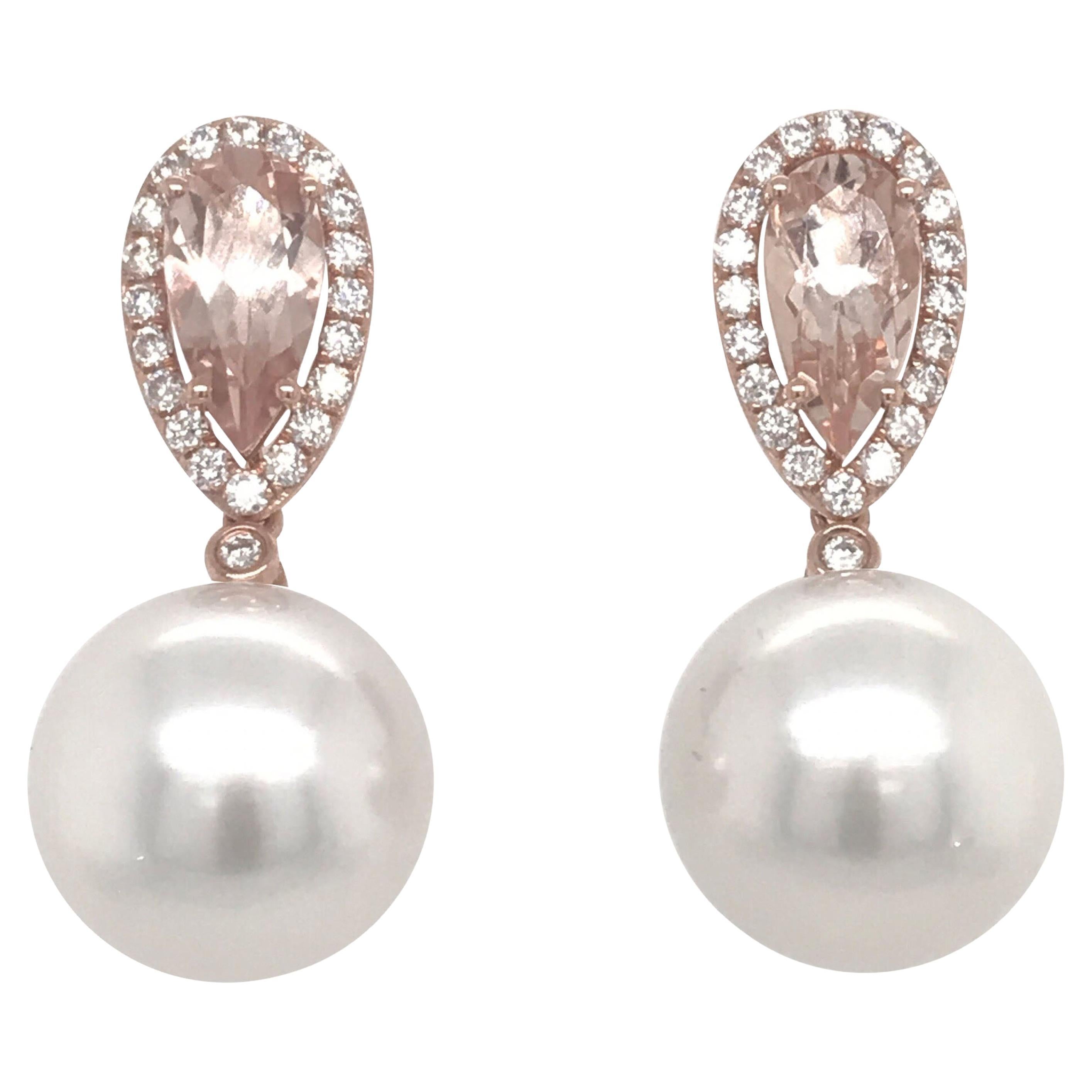 Morganite South Sea Pearl Diamond Earrings 2.53 Carat 18 Karat Rose Gold