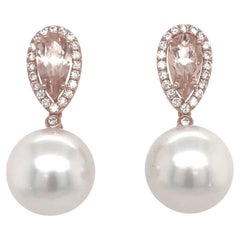 Orecchini con diamanti e perle dei mari del sud con morganite 2,53 carati in oro rosa 18 carati