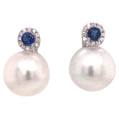 Diamond Halo Sapphire South Sea Pearl Drop Earrings 0.84 CaratS 18KT 14-15 MM