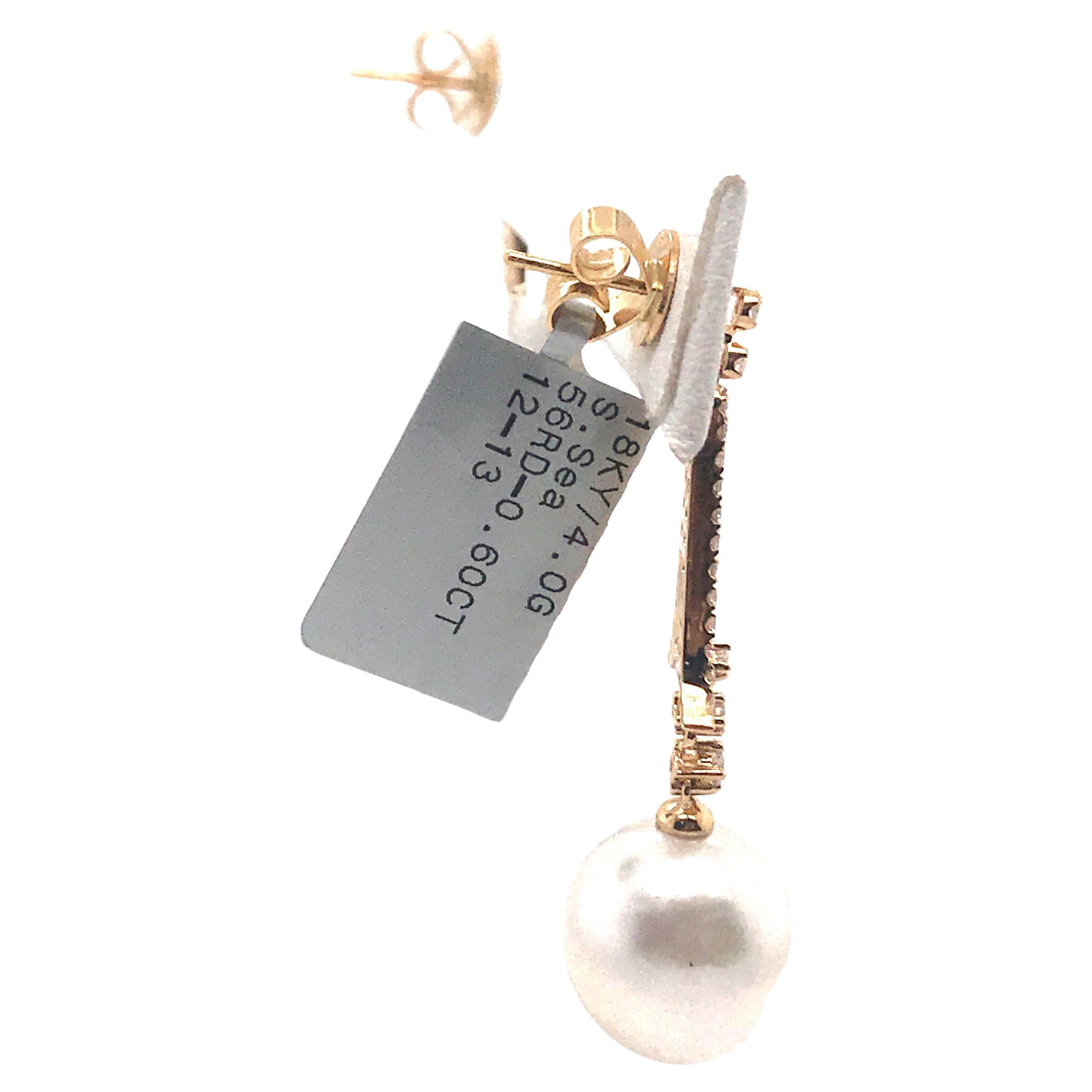 Round Cut South Sea Pearl Diamond Drop Earrings 0.60 Carat 18 Karat Yellow Gold 12-13 MM For Sale