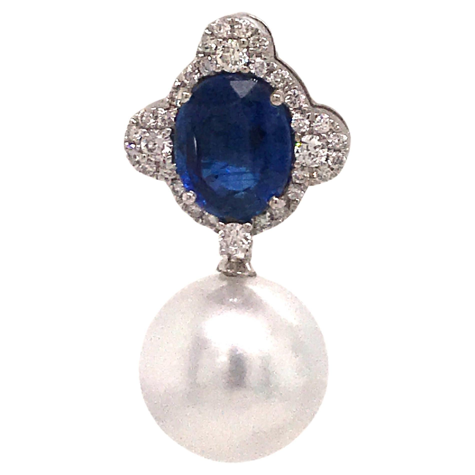 Contemporary Kyanite Diamond South Sea Pearl Drop Earrings 7.25 Carat 18 Karat White Gold For Sale