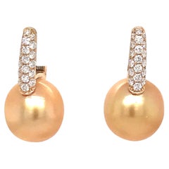 Boucles d'oreilles pendantes en or jaune 18 carats et diamants des mers du Sud de 0,61 carat 11-12 mm