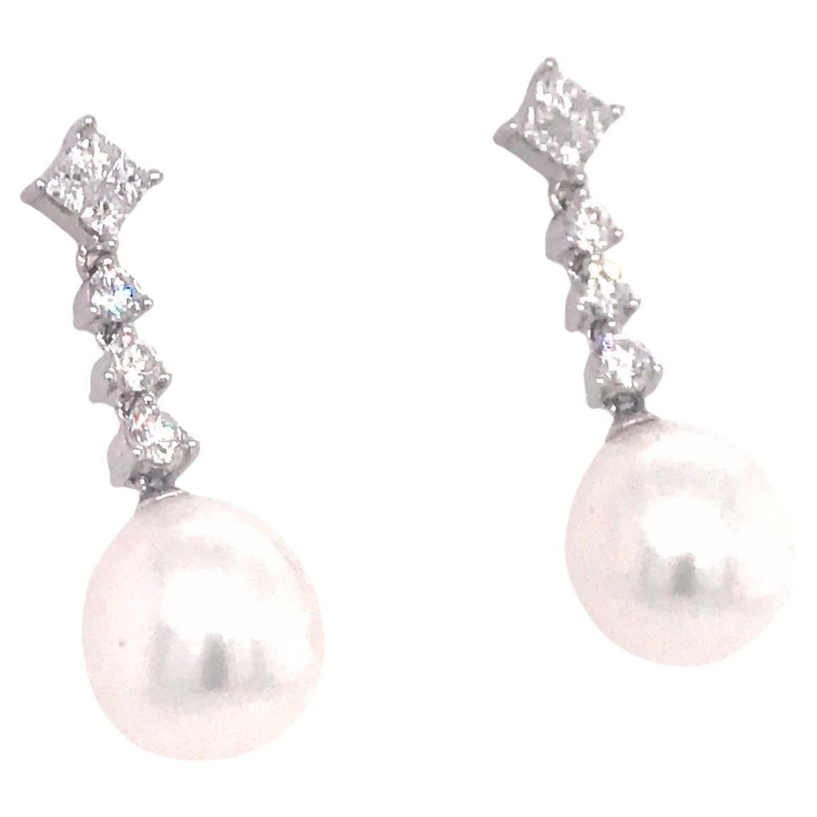 Contemporary South Sea Pearl Diamond Drop Earrings 1 Carat 18 Karat White Gold 11-12MM For Sale