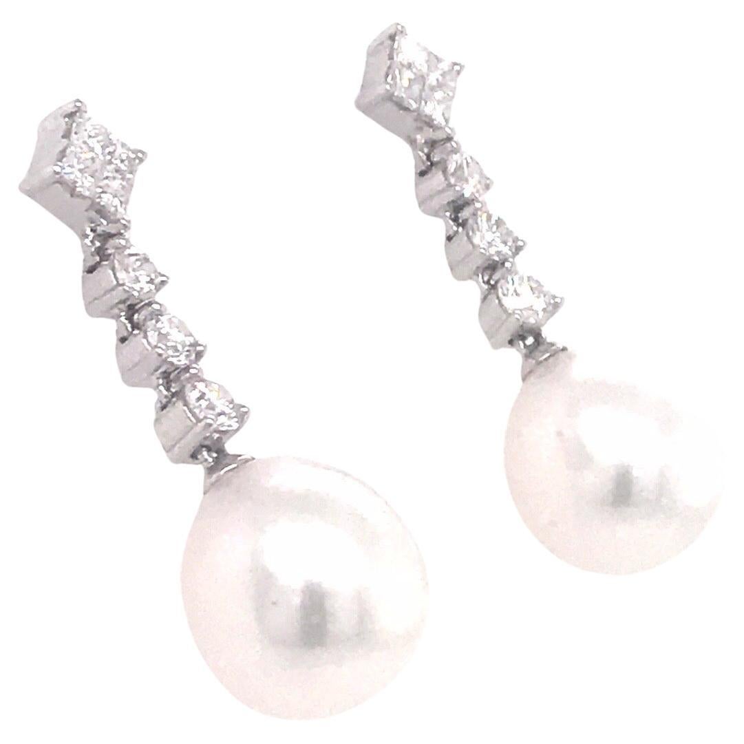 Round Cut South Sea Pearl Diamond Drop Earrings 1 Carat 18 Karat White Gold 11-12MM For Sale