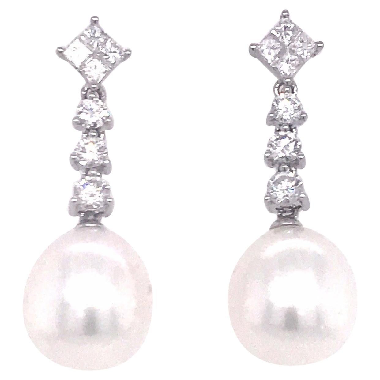 Boucles d'oreilles pendantes perle des mers du sud diamant 1 carat or blanc 18 carats 11-12MM