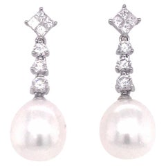 Used South Sea Pearl Diamond Drop Earrings 1 Carat 18 Karat White Gold 11-12MM