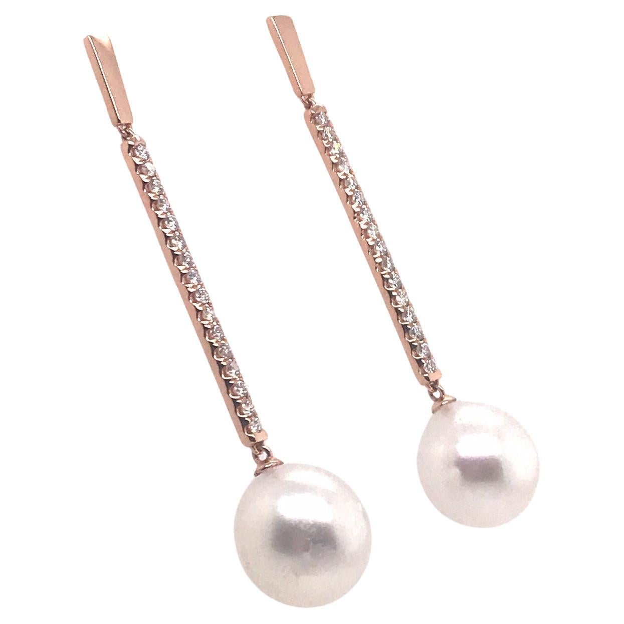 South Sea Pearl Diamond Drop Bar Earrings 0.63 Carat 18 Karat Rose Gold 12-13 MM In New Condition For Sale In New York, NY