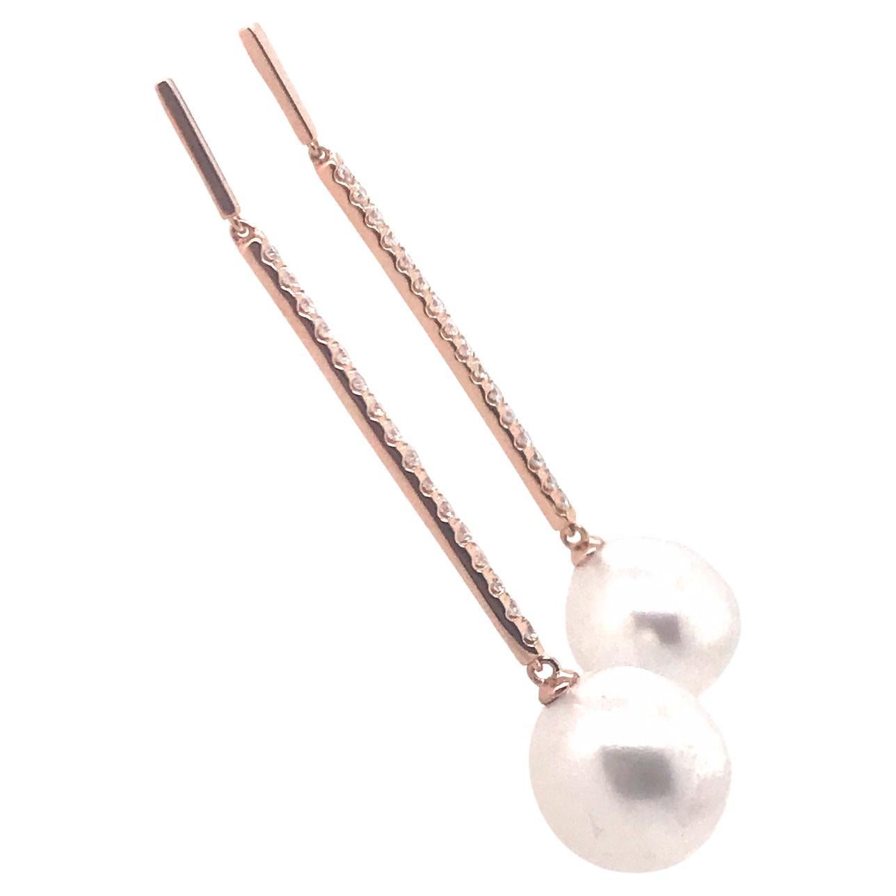 Round Cut South Sea Pearl Diamond Drop Bar Earrings 0.63 Carat 18 Karat Rose Gold 12-13 MM For Sale