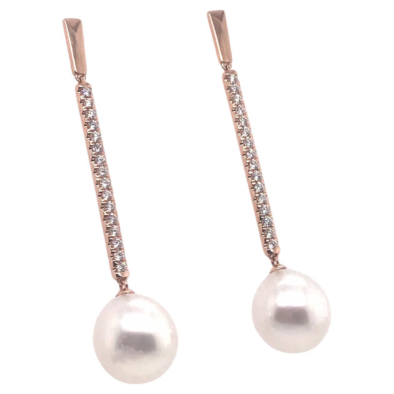 Contemporary South Sea Pearl Diamond Drop Bar Earrings 0.63 Carat 18 Karat Rose Gold 12-13 MM For Sale